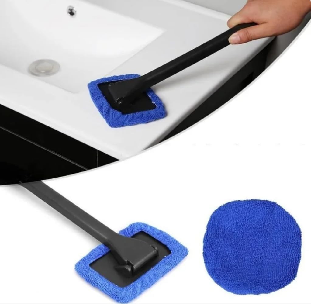 Car Window Cleaner with 180-Degree Rotating Head & Reusable Microfiber Bonnets