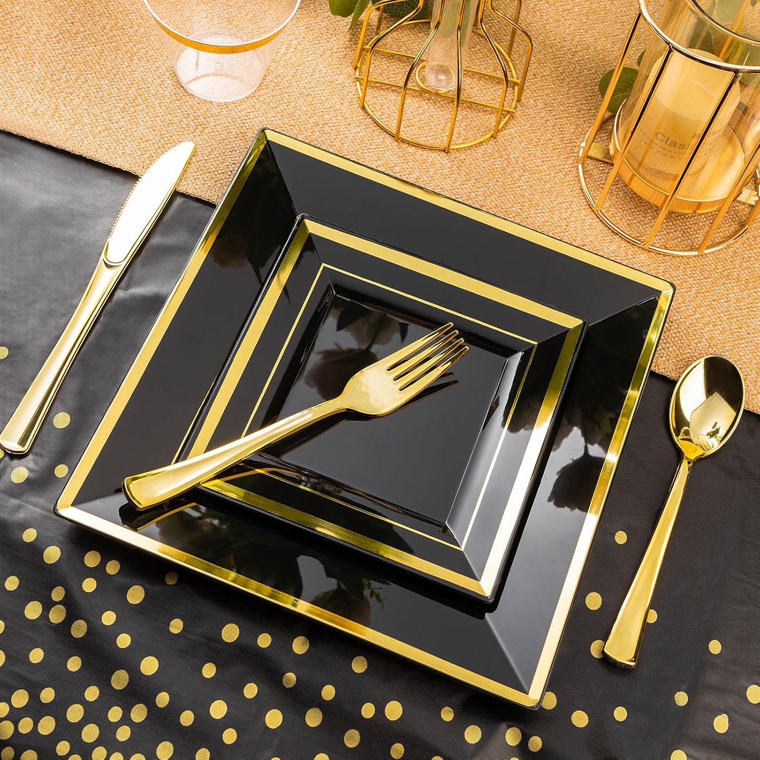 Goodluck 352 Pieces Black Dinnerware Set for 50 Guests, Black Square Plastic P