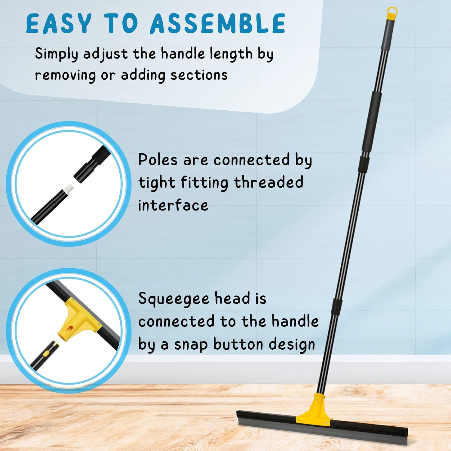 Floor Squeegee for Concrete and Tile Cleaning, 24” Rubber Wiper Broom, Large He