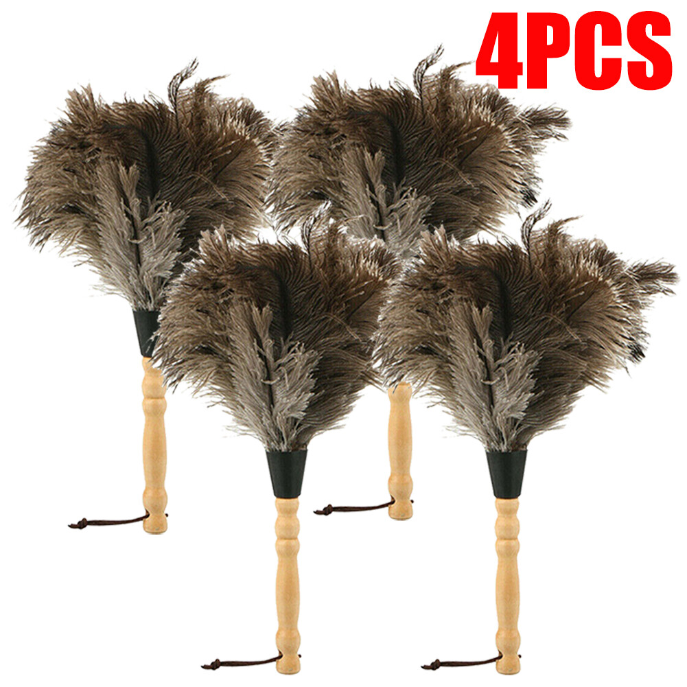 4PC 13inch Ostrich Feather Duster Dust Collecting Cleaning Tool Wooden Handle