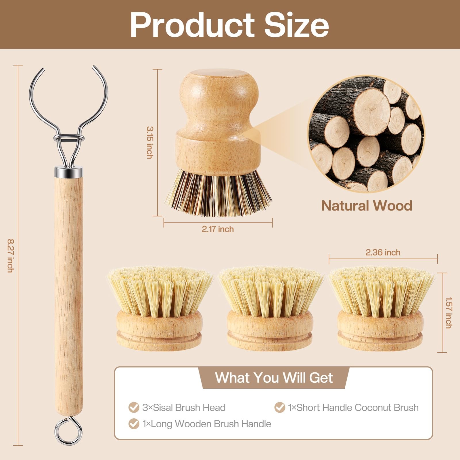 5 Pcs Bamboo Dish Brush Set – Wooden Handle, 3 Replaceable Bristle Heads & Wok S