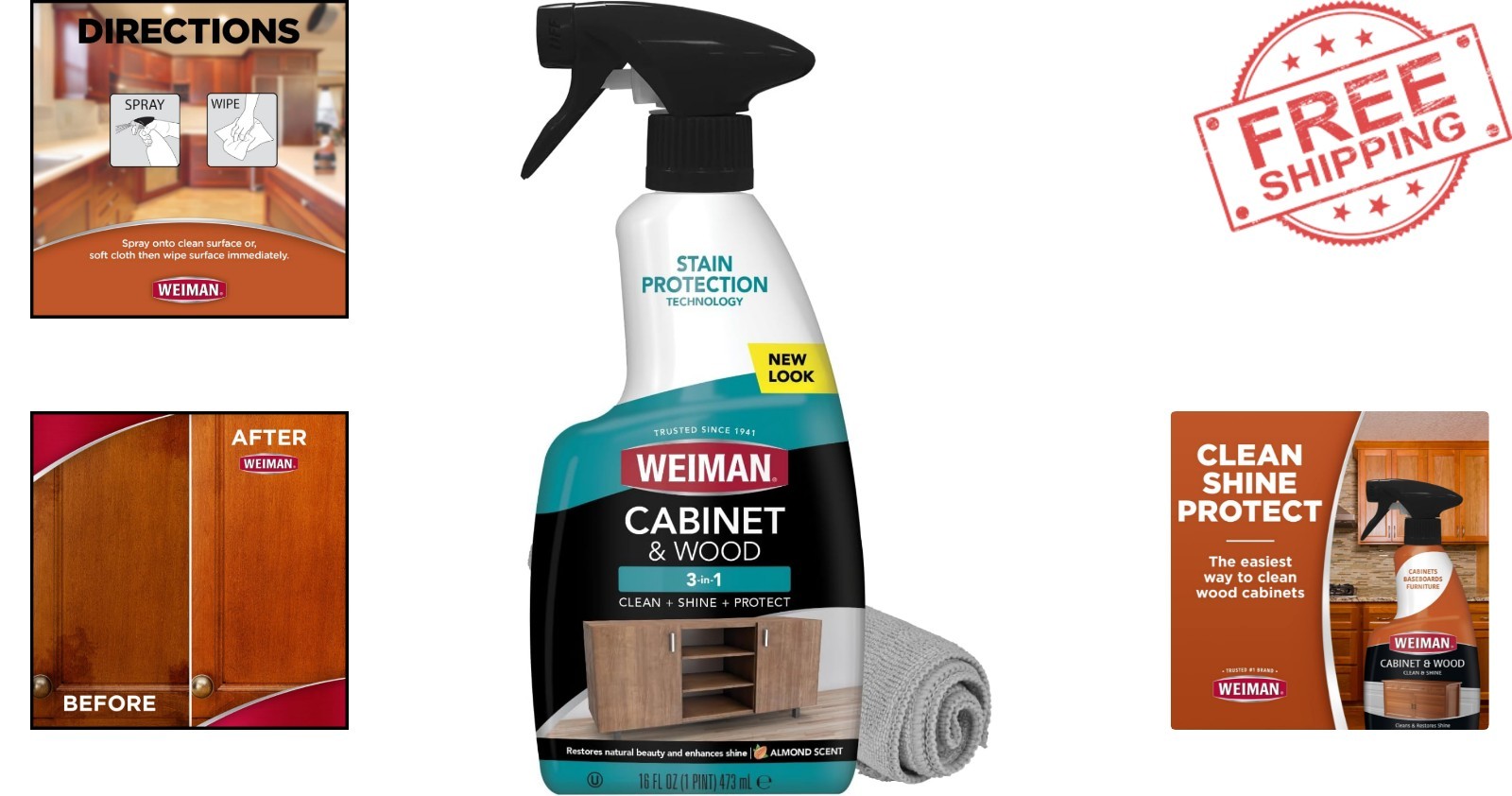 Elegant Cabinet & Wood Care Spray – 16 Oz, Fresh Almond Scent, No Rinse Required