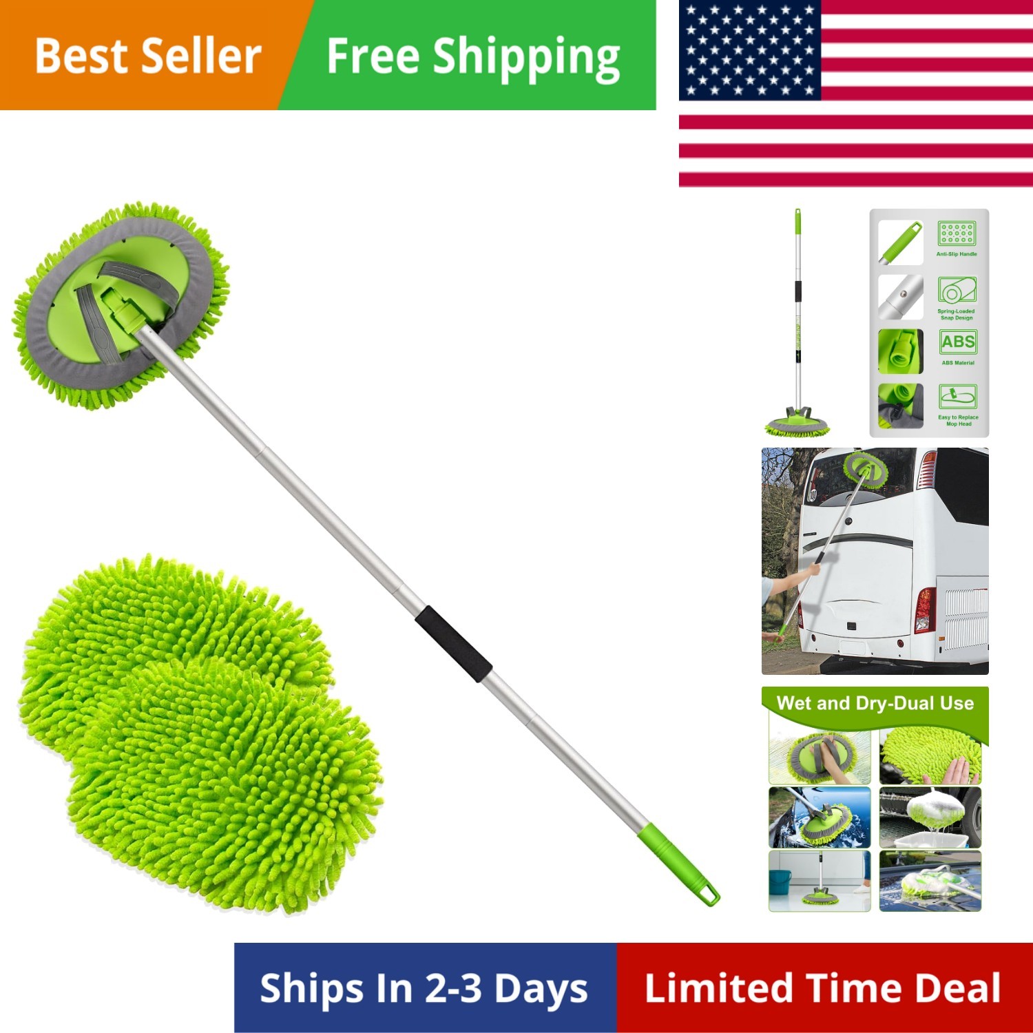 62″ Microfiber Car Wash Brush Mop Kit Mitt Sponge with Long Handle Car Cleani…