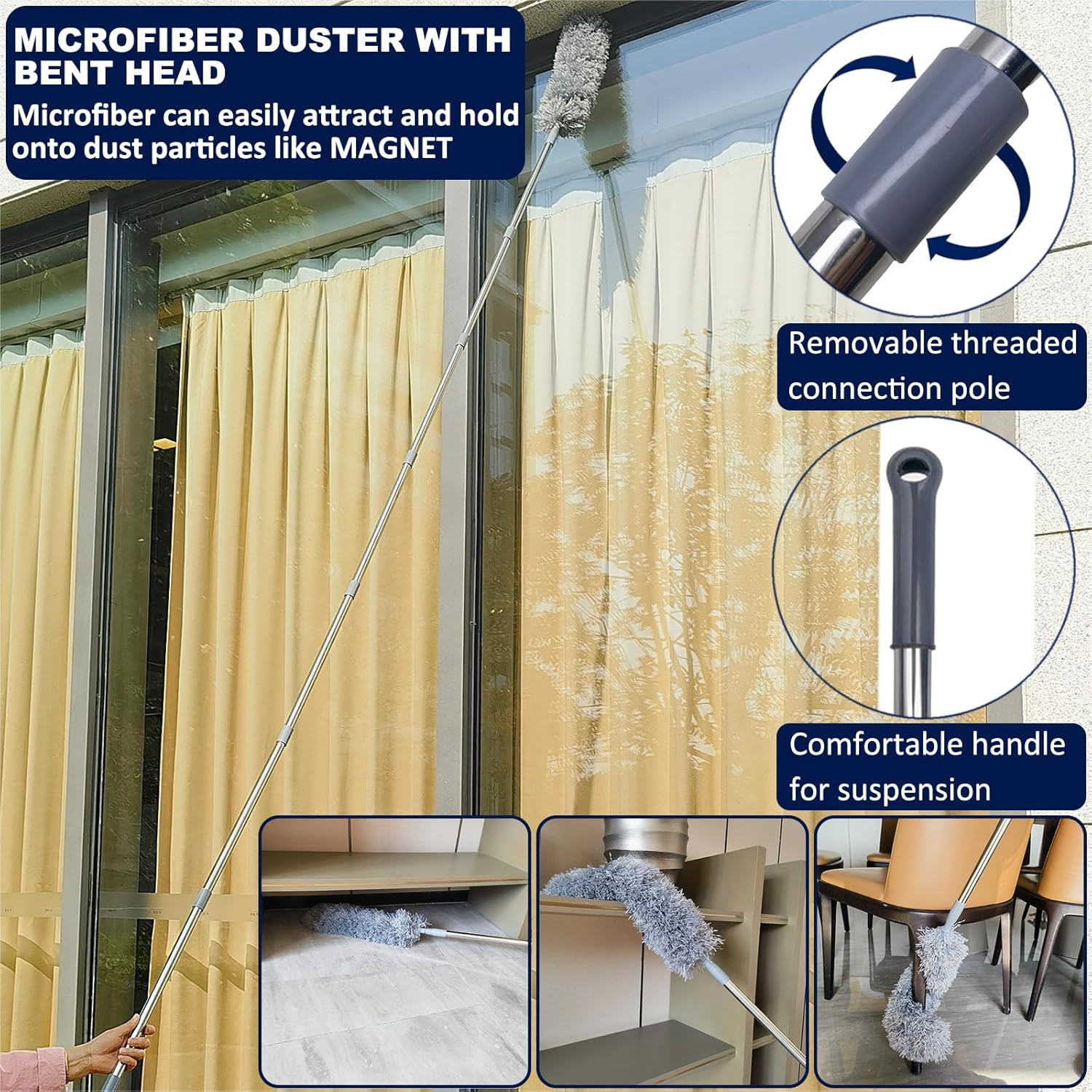 20+ Ft High Reach Ceiling Fan Duster & Cobweb & Corner Brush Duster with 3-14 Ft