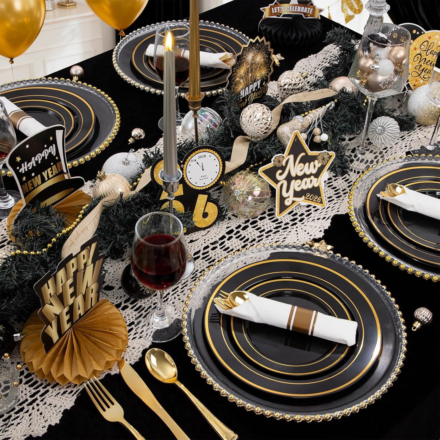 350 Pieces Black and Gold Plastic Plates with Disposable Silverware, Include 5