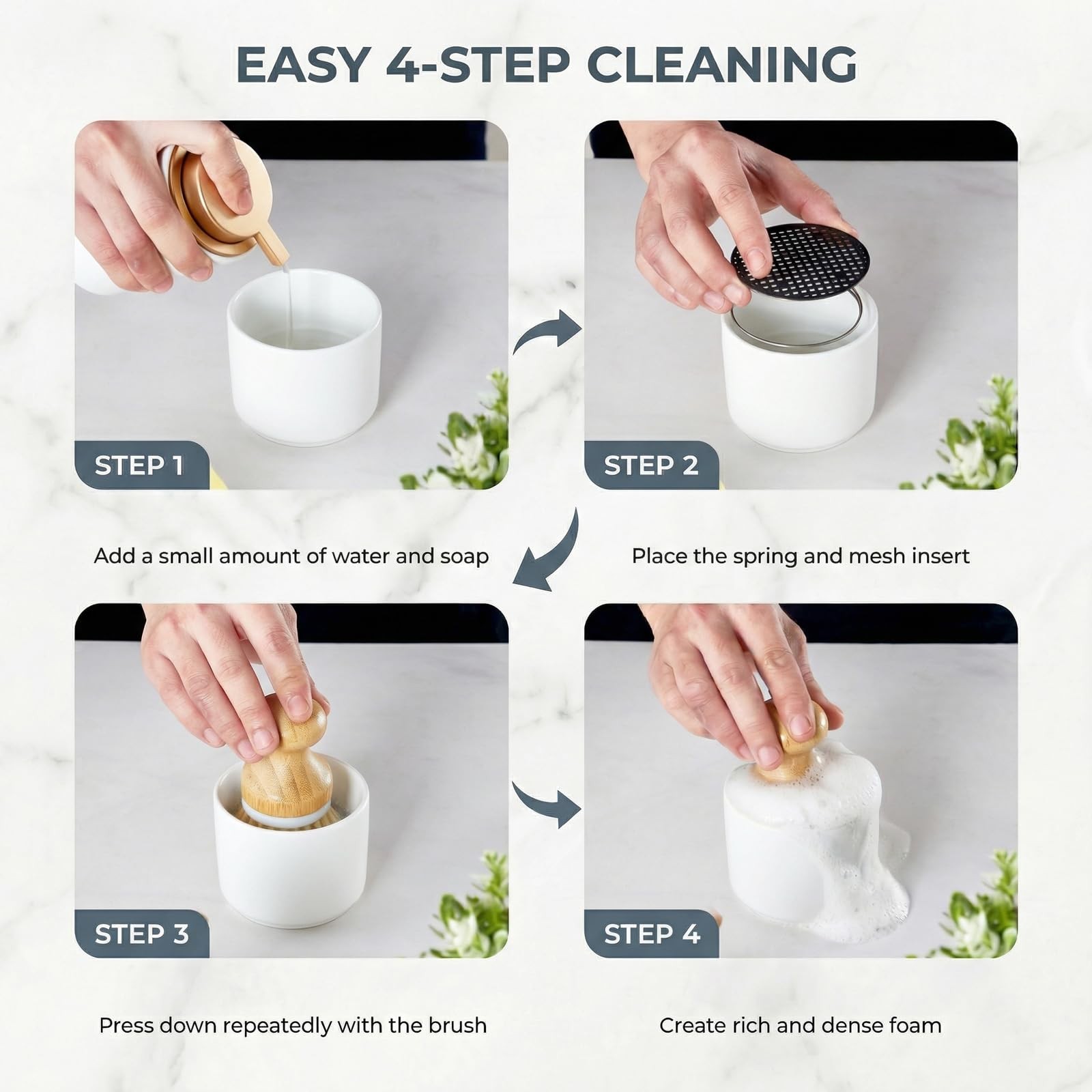 Bamboo Dish Brush with Ceramic Foaming Base, Kitchen Sink Scrub Brush Set wit