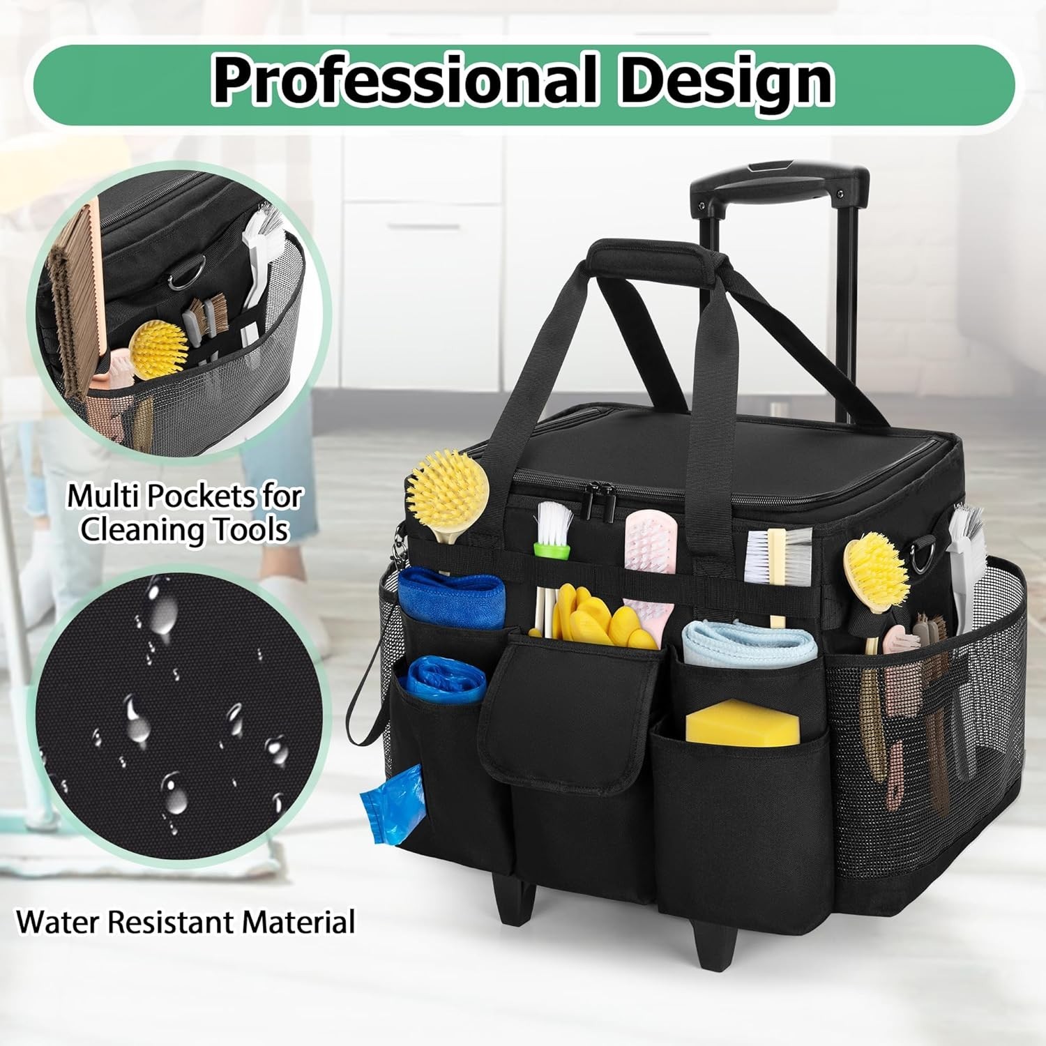 Portable Cleaning Supplies Organizer: Black Rolling Caddy with Adjustable Height