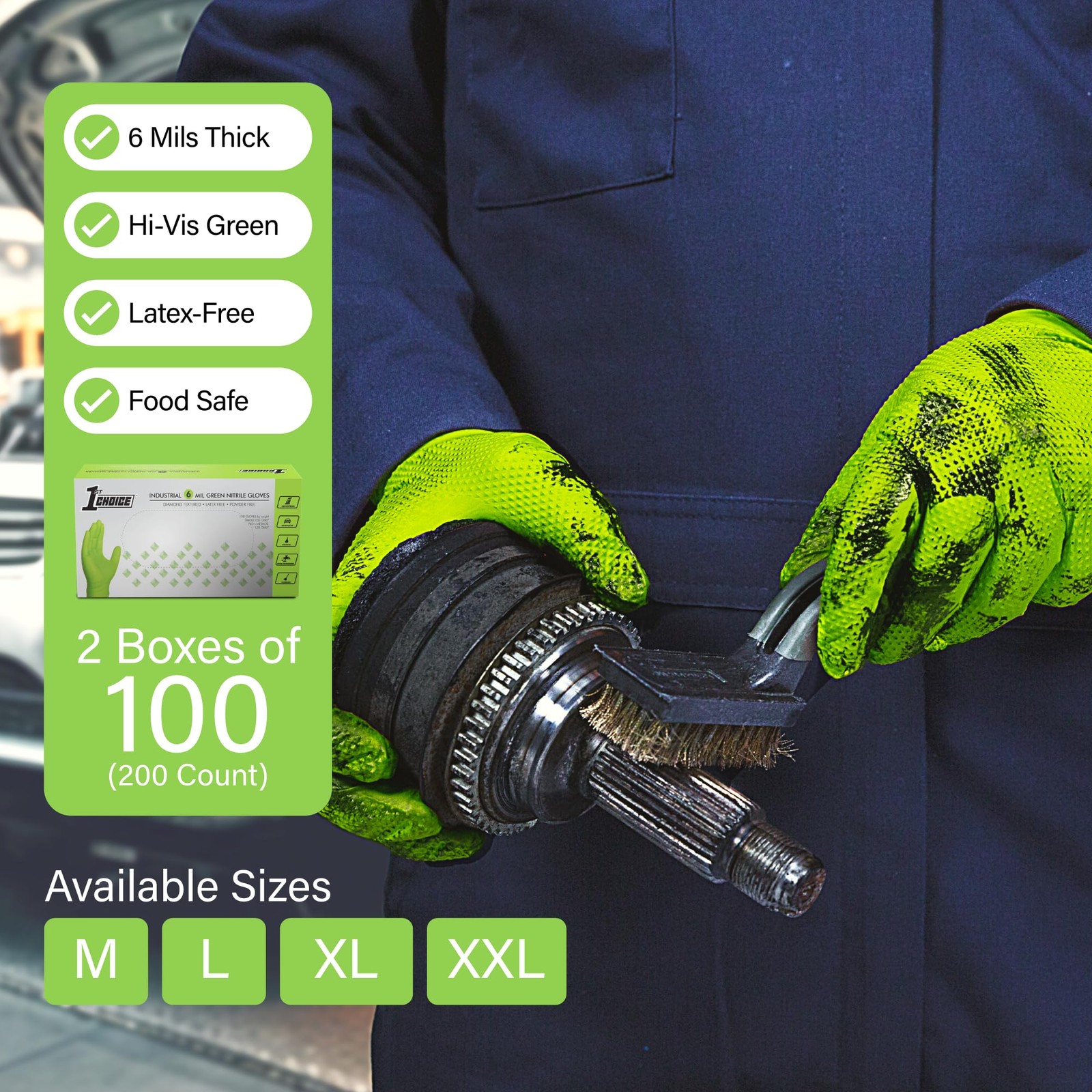 1st Choice 6 mil Green Gloves, Disposable, Latex Free, Raised Medium,