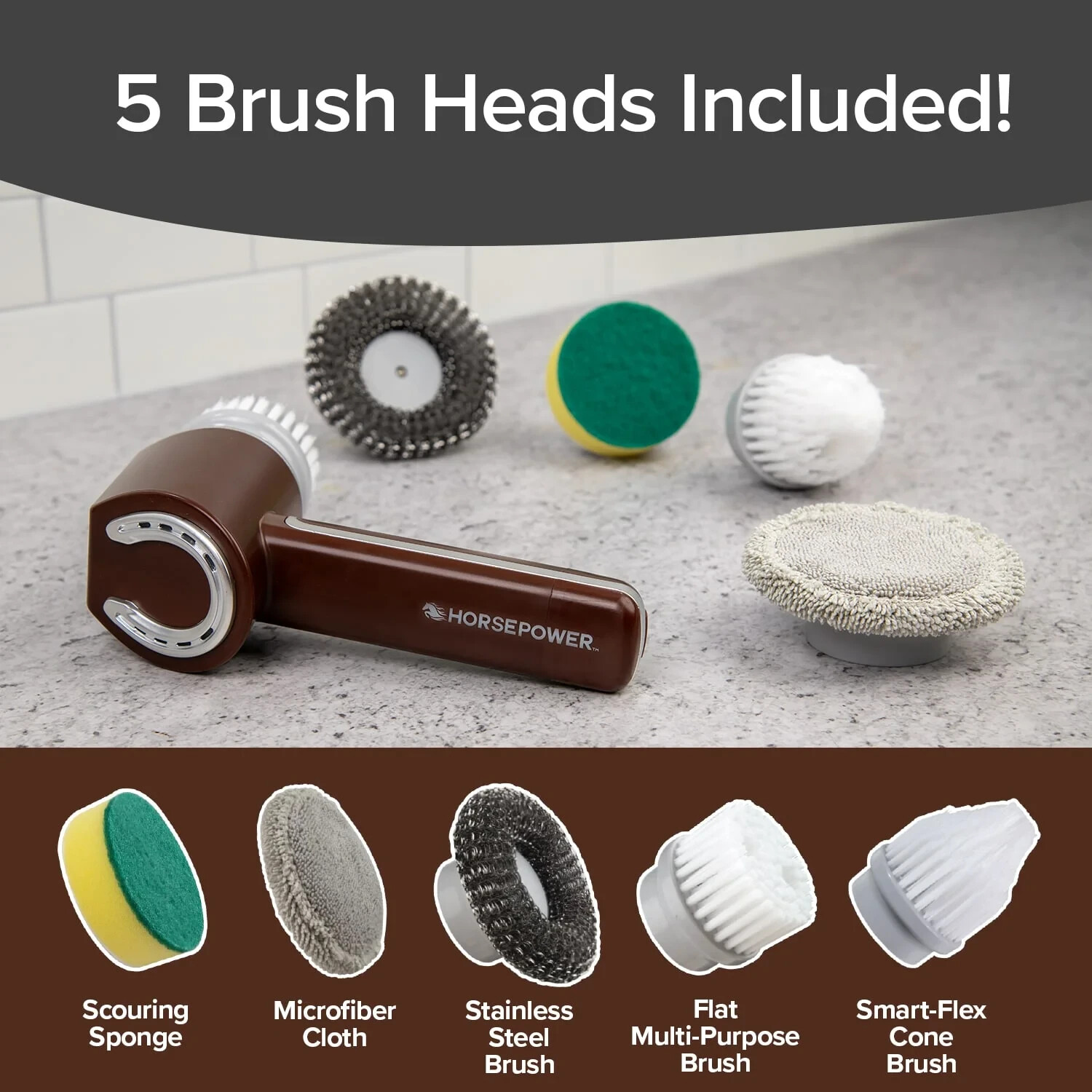 HORSEPOWER RUBY Waterproof Cordless 360° Power Scrubber W/ 5 Heads! – NEW!