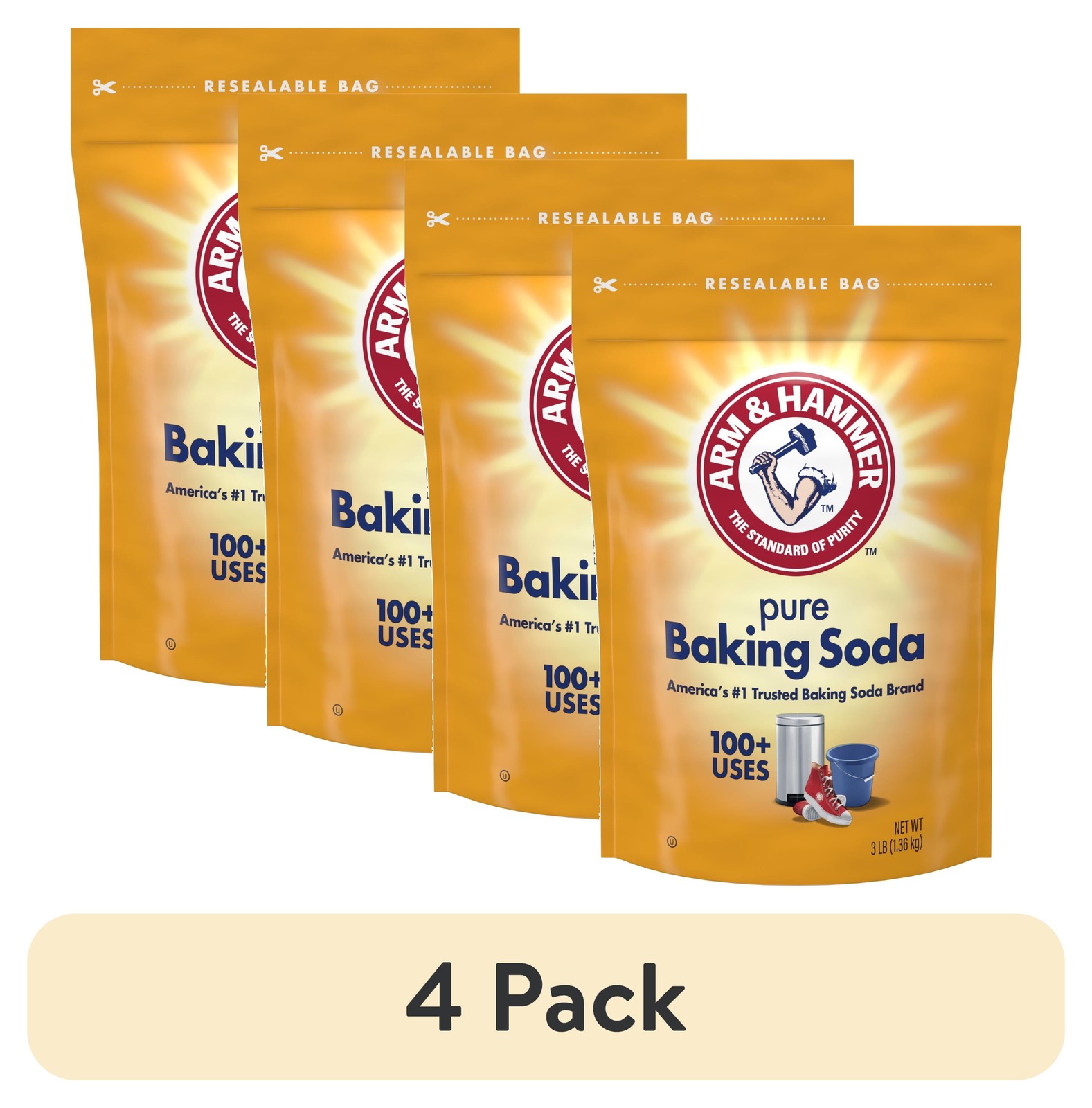 Pure Baking Soda 4 Pack, 3 lb Resealable Bags for Cooking Baking Cleaning &
