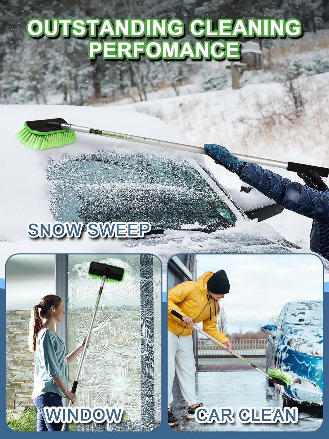 59″ V-Shaped Car Wash Brush Long Handle Snow Sweeping Brushing Adopts Soft Tires