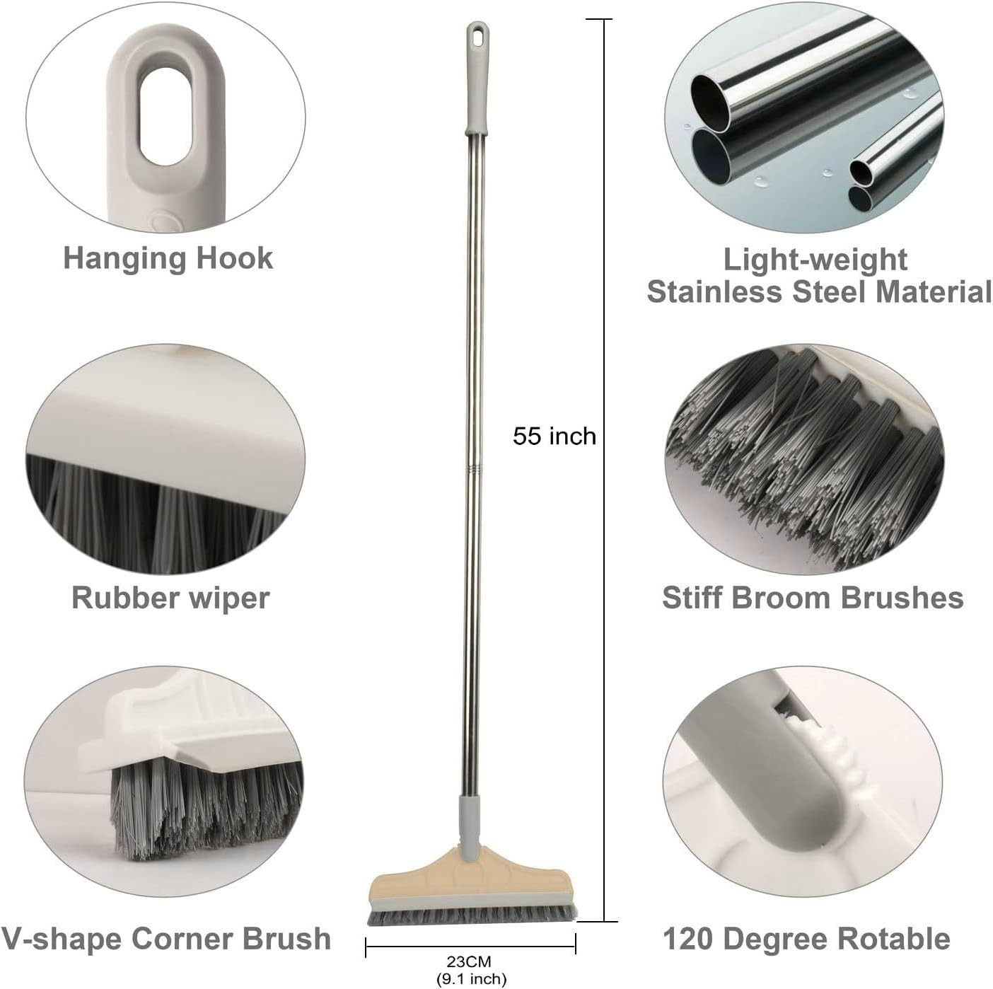 1 Floor Brush Scrubber with Long Handle Grout Brush 3 Poles 53.5” New