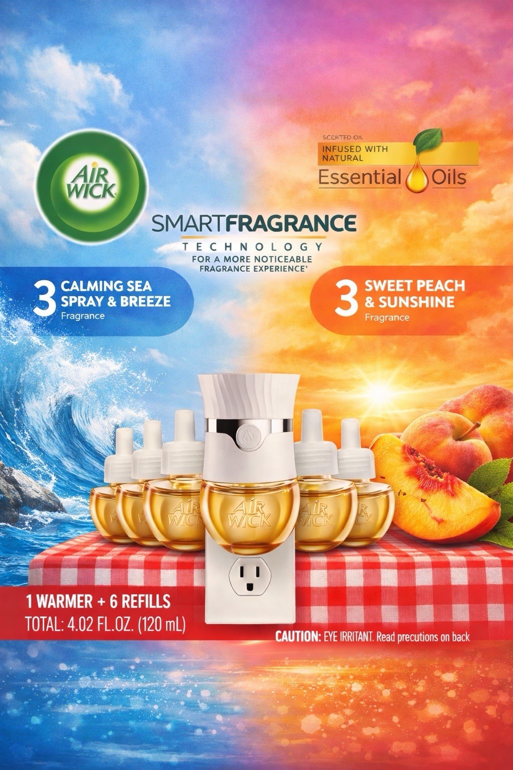 AIR WICK – 3 Calming Sea Spray & Breeze AND 3 Sweet Peach & Sunrise AND Plug-In