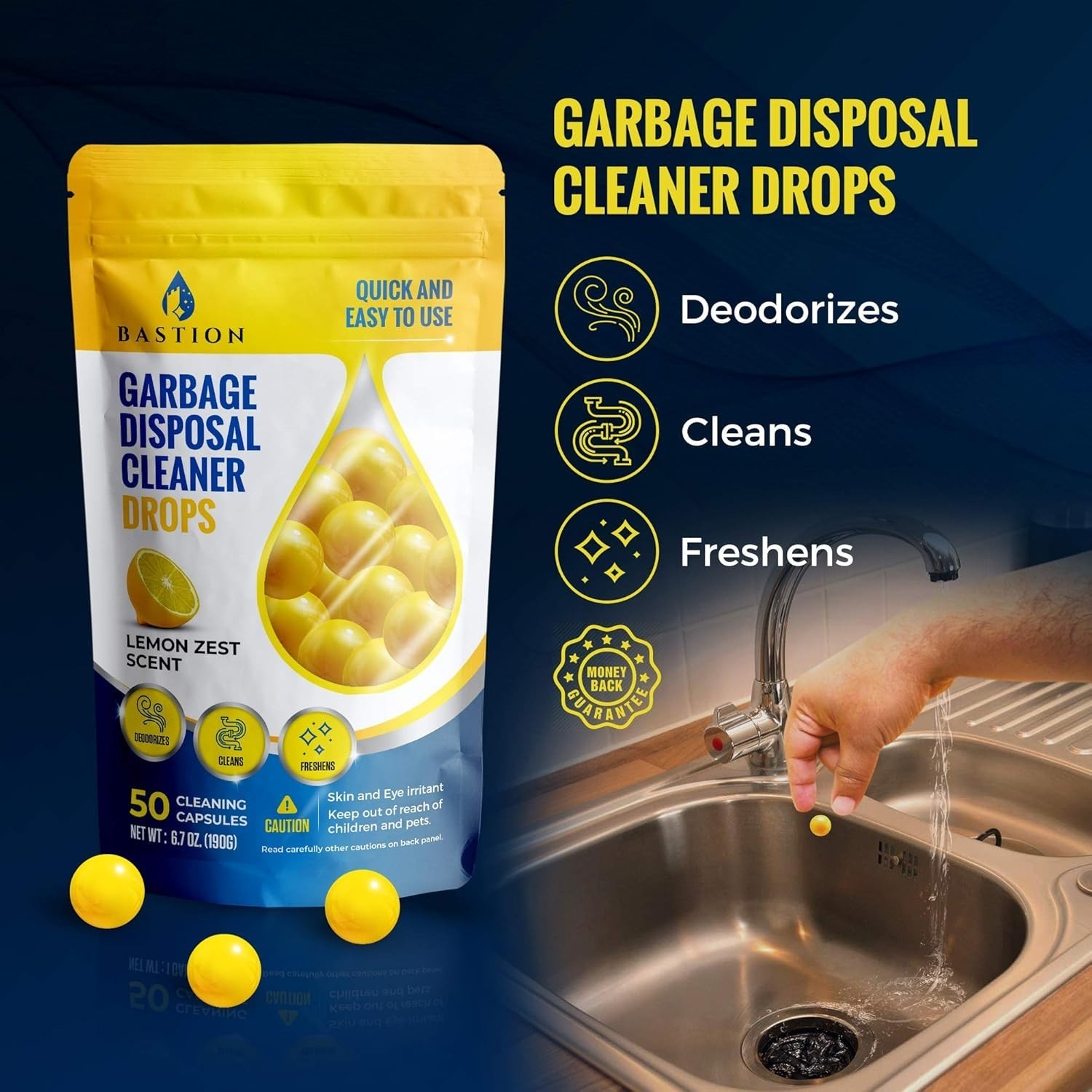Garbage Disposal Cleaner & Deodorizer Drops- [[50-Count]] Lemon Zest Scented
