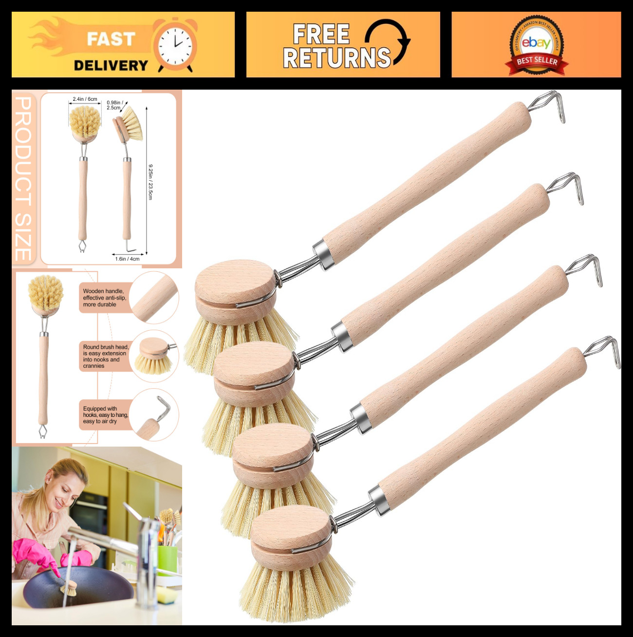 4 Pcs Beechwood Dish Brush Set – Natural Wooden Handle, Fiber Bristles, 2″ Repla