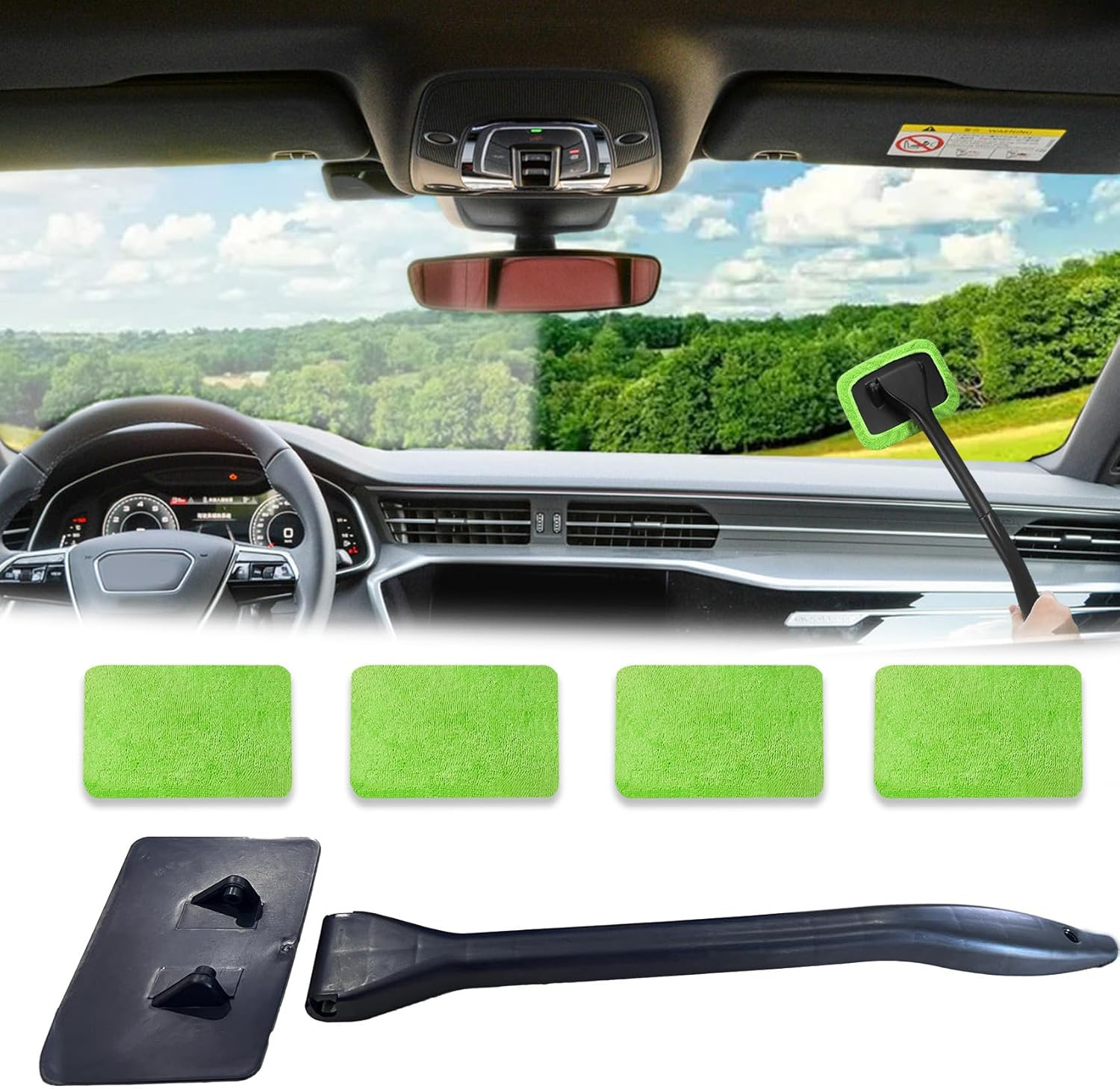 Windshield Cleaning Tool, Extendable Handle Car Window Cleaner with 4 Reusable M