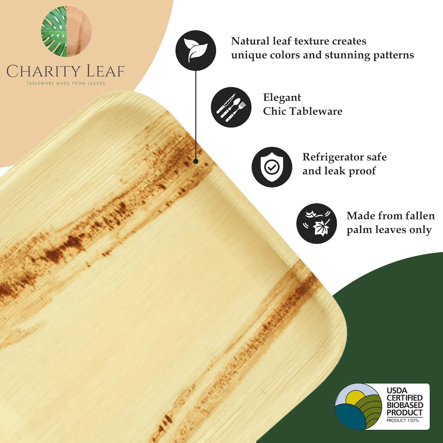 Charity Leaf 10-Pack 22″x12″ Palm Leaf Trays | Eco-Friendly, Compostable Platt