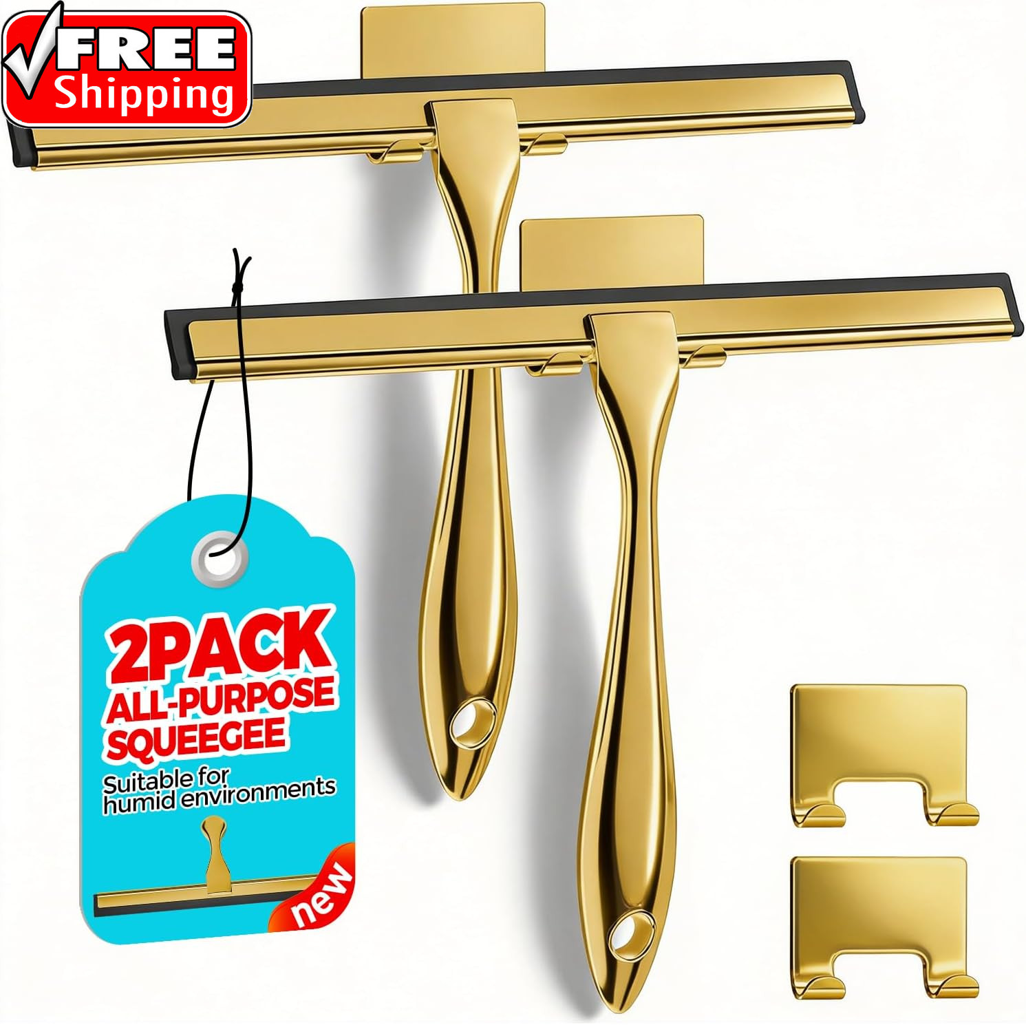 2PACK 10-Inch Golden All-Purpose Shower Squeegee for Shower Doors, Bath Linen Se