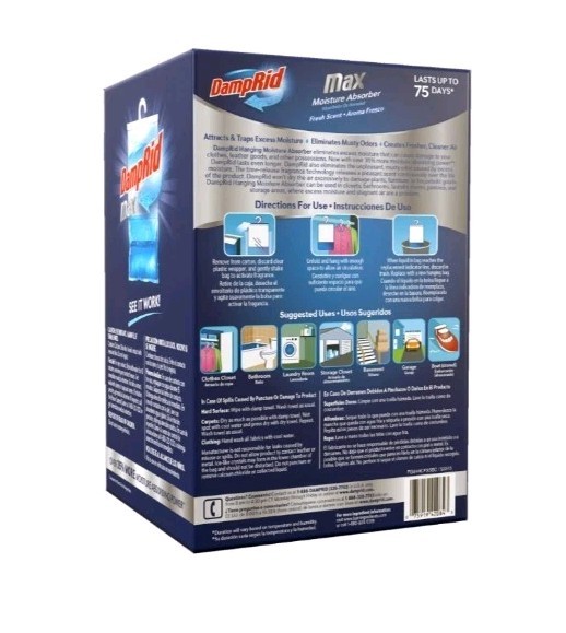 DampRid Max 4pk Moisture Absorber Hanging Bag Fresh Scent Eliminates Musty Odors