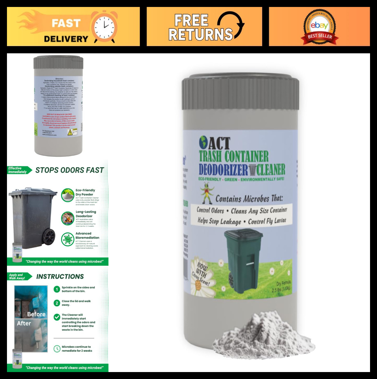 Eco-Friendly Trash Deodorizer & Cleaner | Odor Eliminator for Garbage Bins | 2.5