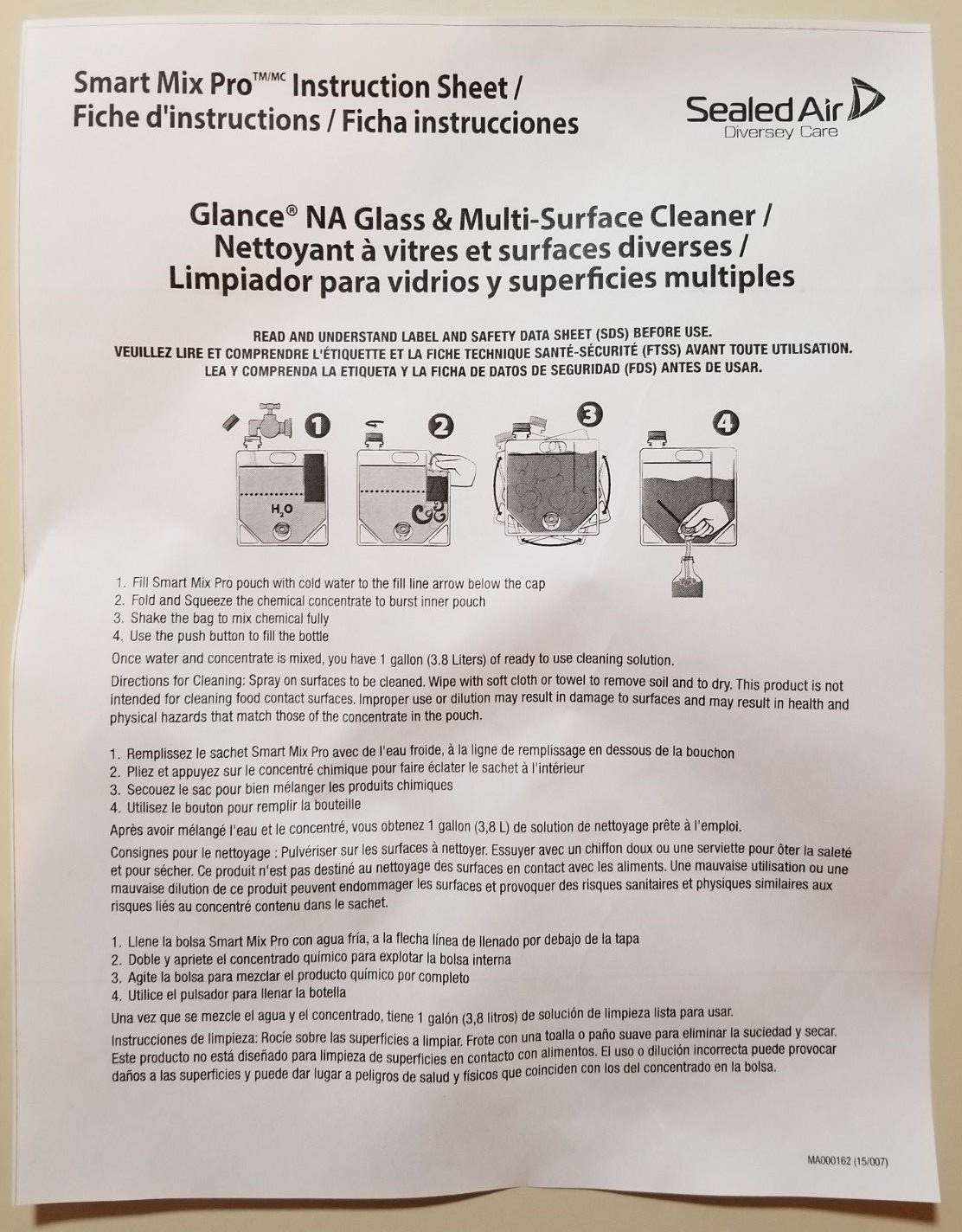 Diversey Glance Na Glass & Multi-Surface Cleaner, Smart Mix Pro Bag, 2 Pack