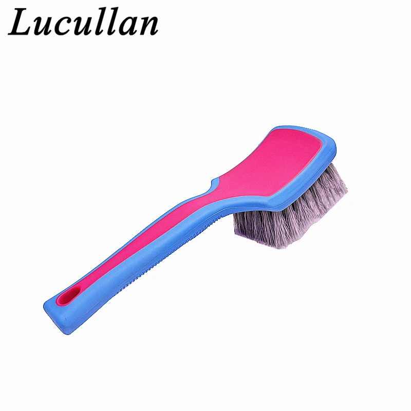 Lucullan Tire Cleaning Brush Medium Stiff Synthetic Bristles Ergonomic Grip Pink