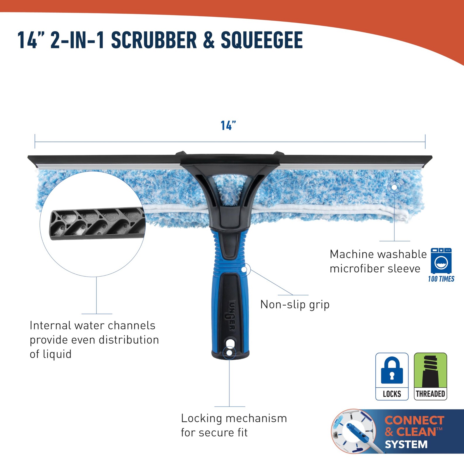 Professional 2-in-1 Squeegee & Scrubber – 14” Window Cleaning Tool & 8’ Conne…