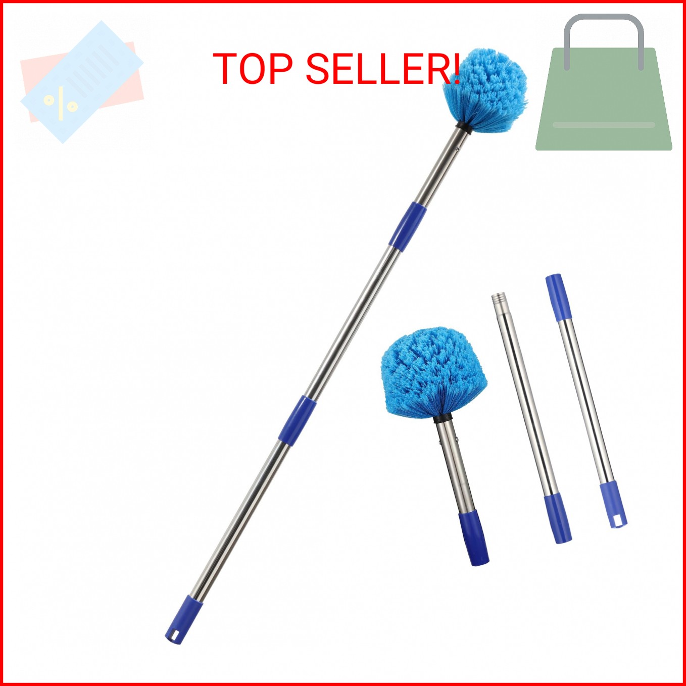 Cobweb Duster with Extension Pole, 4 FT Stainless Steel Pole with Spider Web Bru
