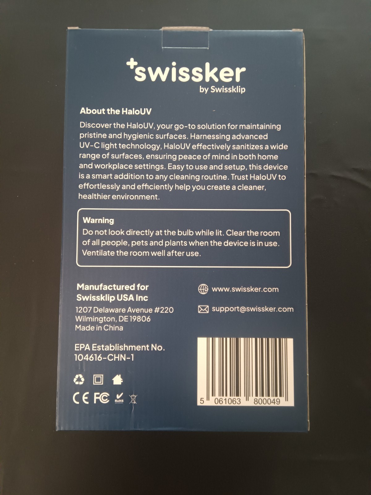 swissker HaloUV UV-C Sanitizer Light for Surfaces w/ Remote, CE FCC RoHS