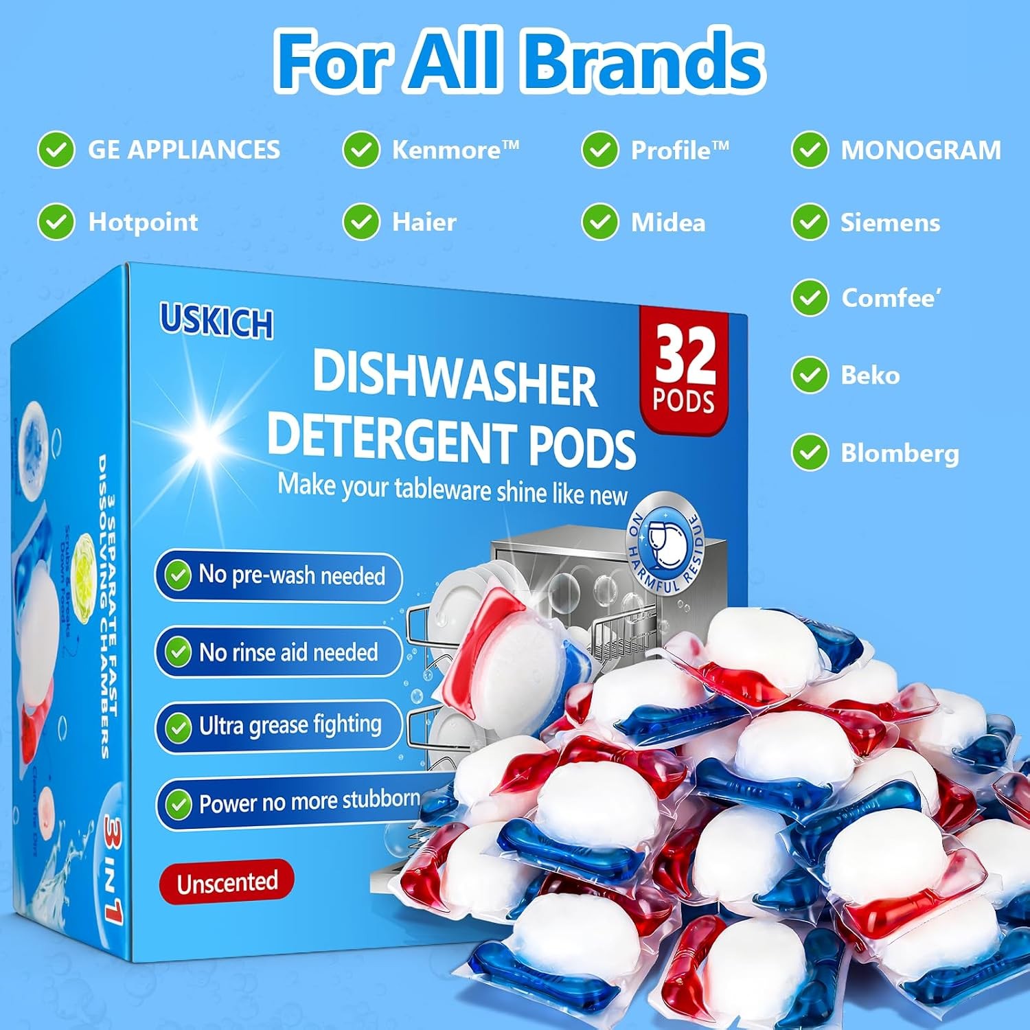 32 Count Dishwasher Pods, No Pre-Rinse Dishwasher Detergent Soap On Stain and