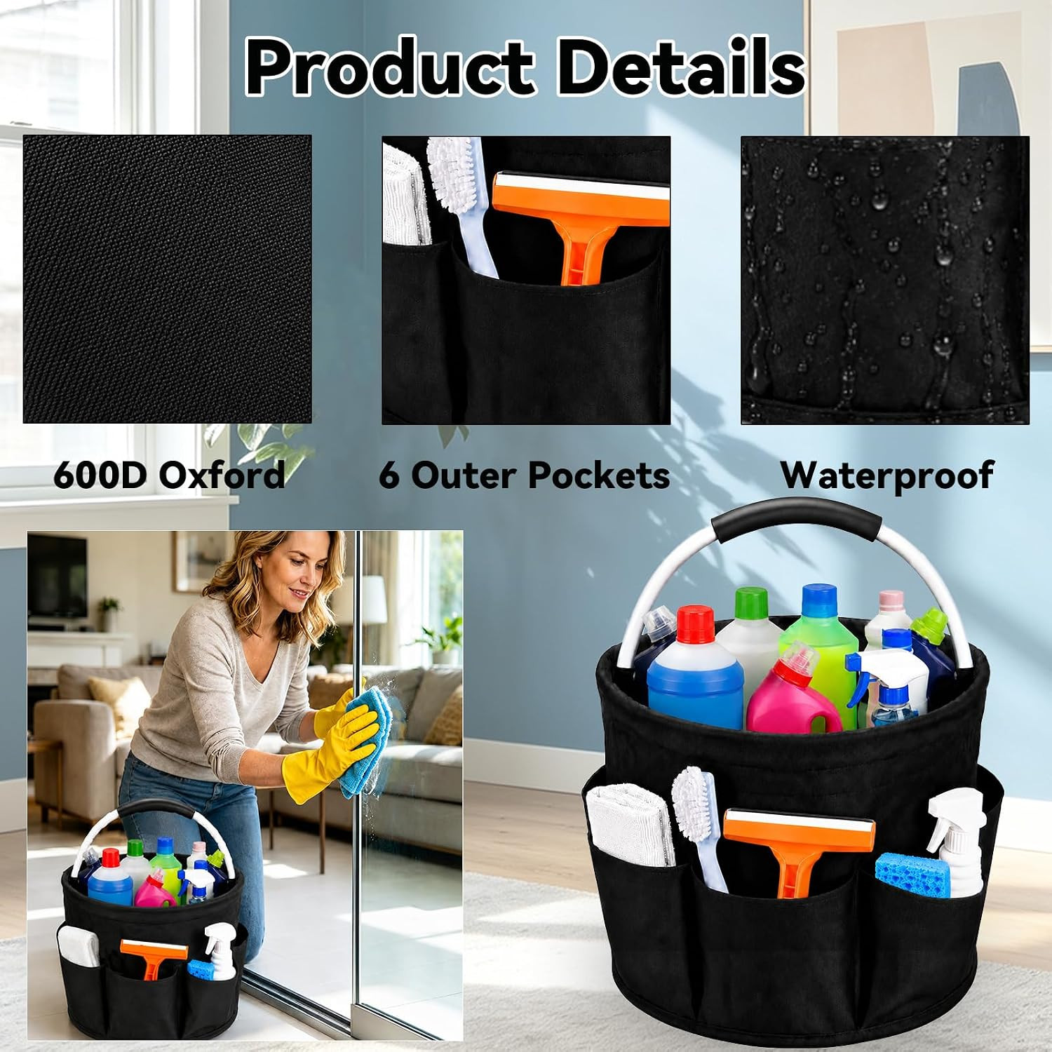 UFORU Cleaning Caddy with Handle, 17L Foldable Cleaning Supply Organizer with 6