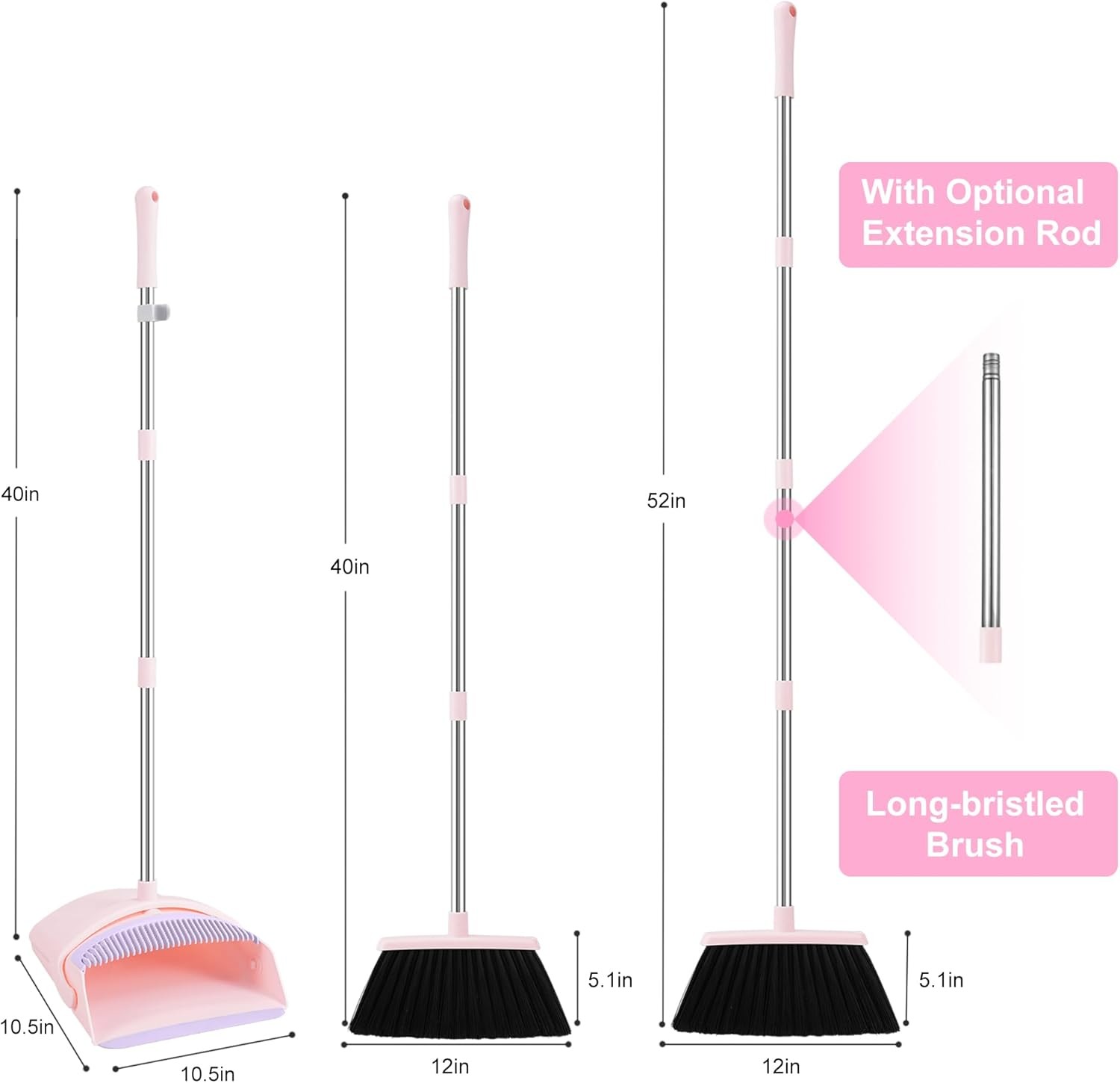 Pink Broom and Dustpan Set, 52-in Handle Broom Dustpan bo Set