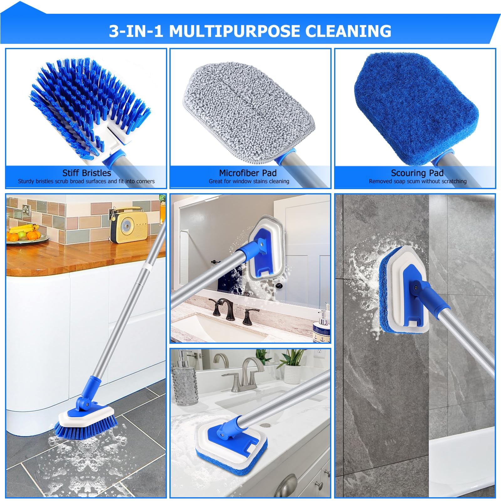 Shower Cleaning Brush with Locking Head, 3 in 1 Tub Tile Scrubber Brush with …