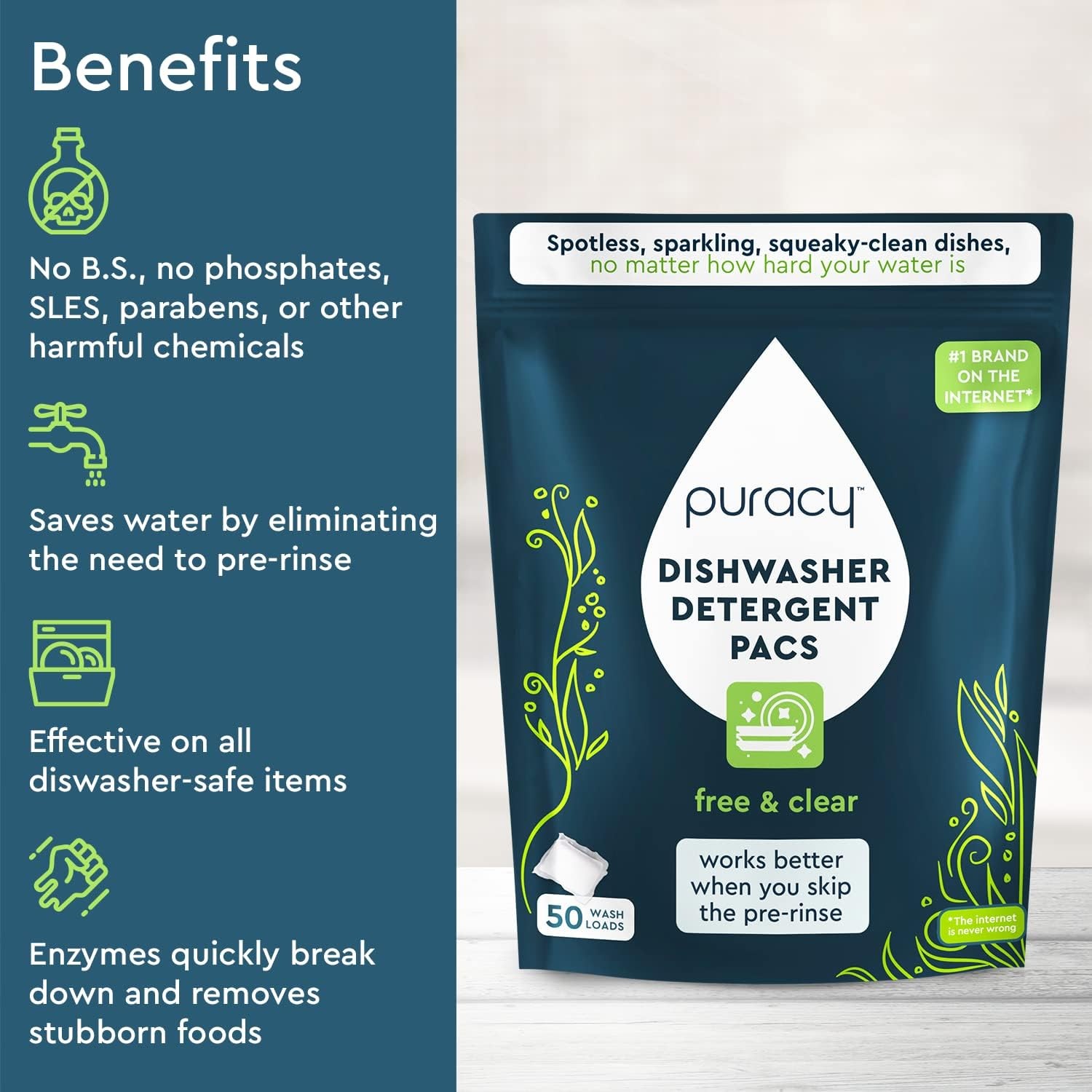 Puracy Dishwasher Pacs 50 Count,Natural Dishwasher Detergent, Free and Clear-NEW