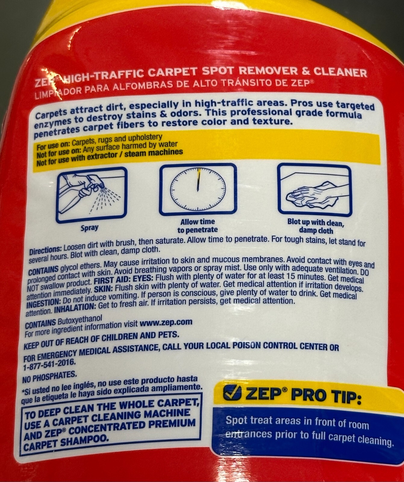 Zep HIGH-TRAFFIC CARPET SPOT Pro Quality Stain Odor REMOVER & CLEANER 32oz Spray
