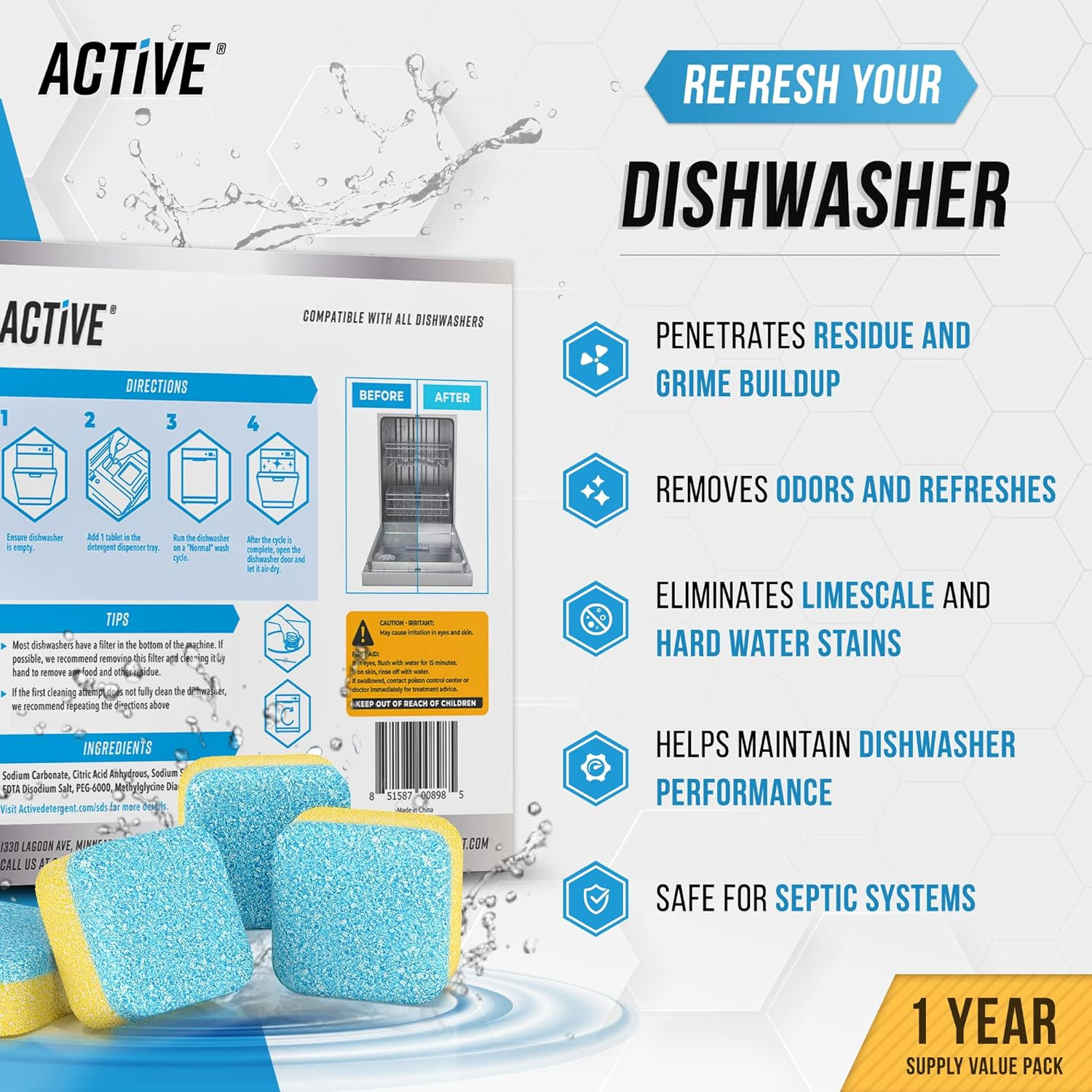 Dishwasher Cleaner and Deodorizer Tablets – 24 Pack Deep Cleaning Descaler Pods