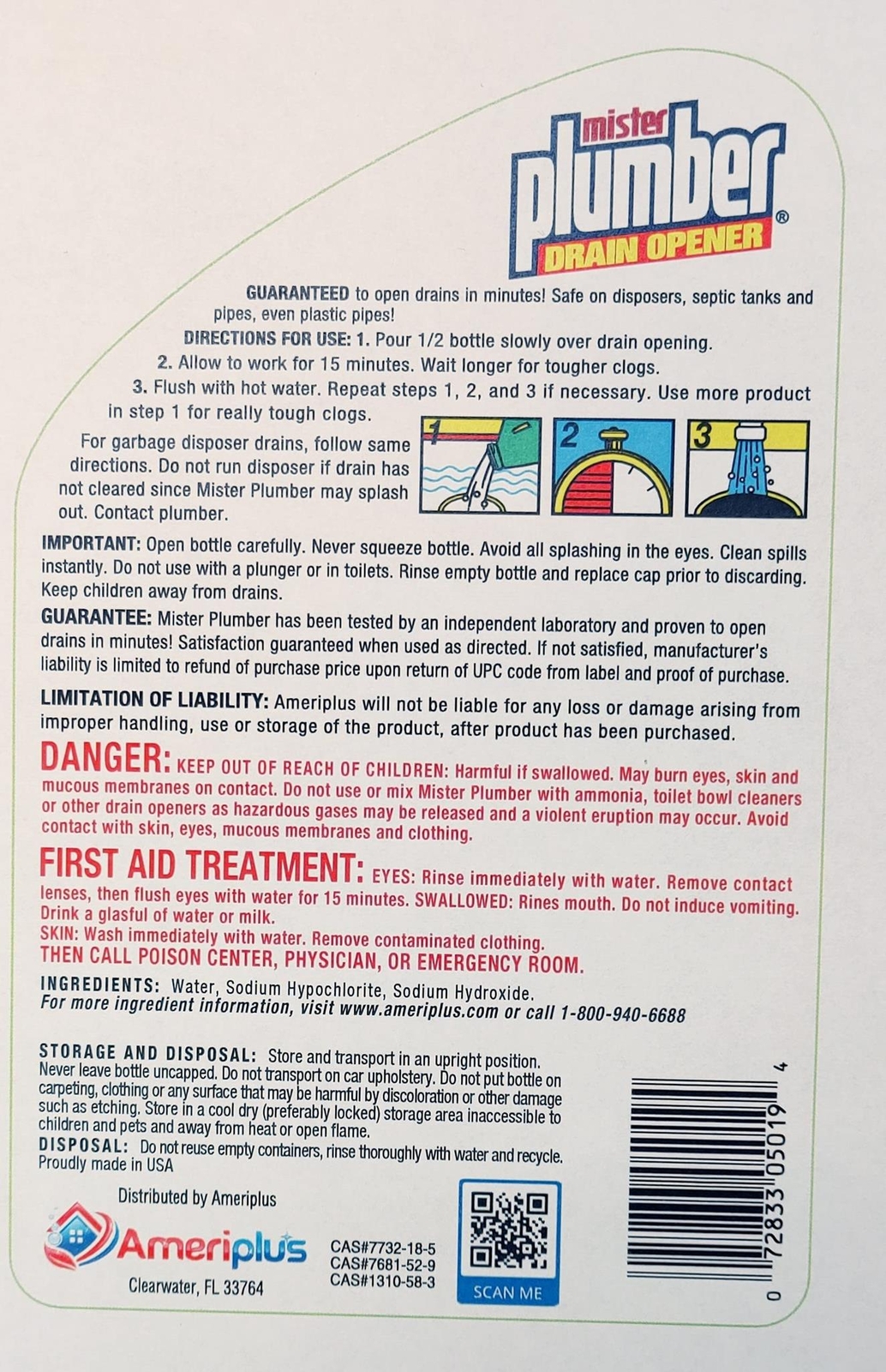 Mister Plumber Professional Formula Drain Opener, 32 Fl Oz “No-Glug” Easy-Pour B