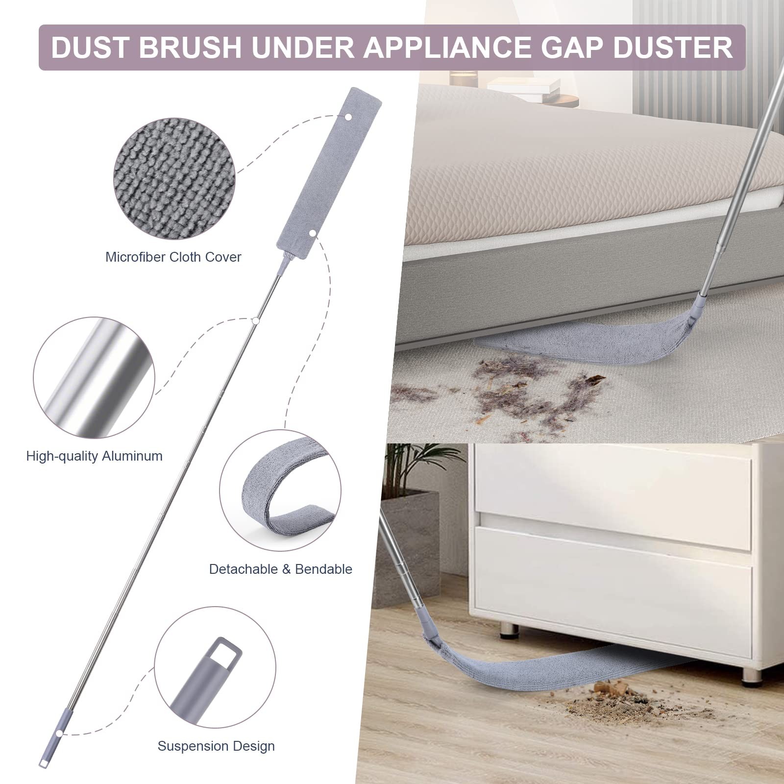 Retractable Gap Dust Cleaner with 3 Microfiber Dusting Cloths & 30-100 inch E…