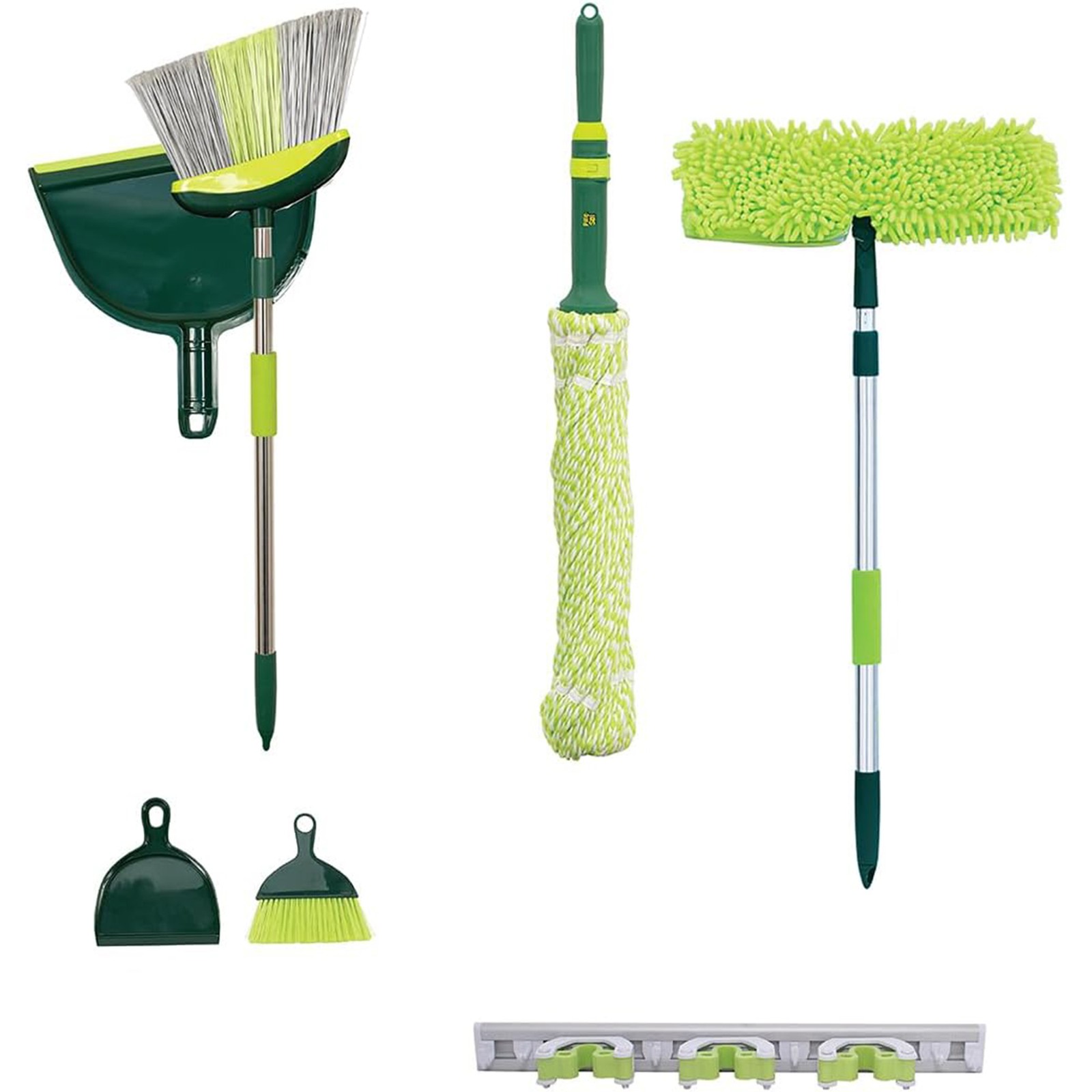 Pine-Sol Broom & Mop Floor Cleaning Set, 7 Piece Kit w/ Wall Mount Storage Rack
