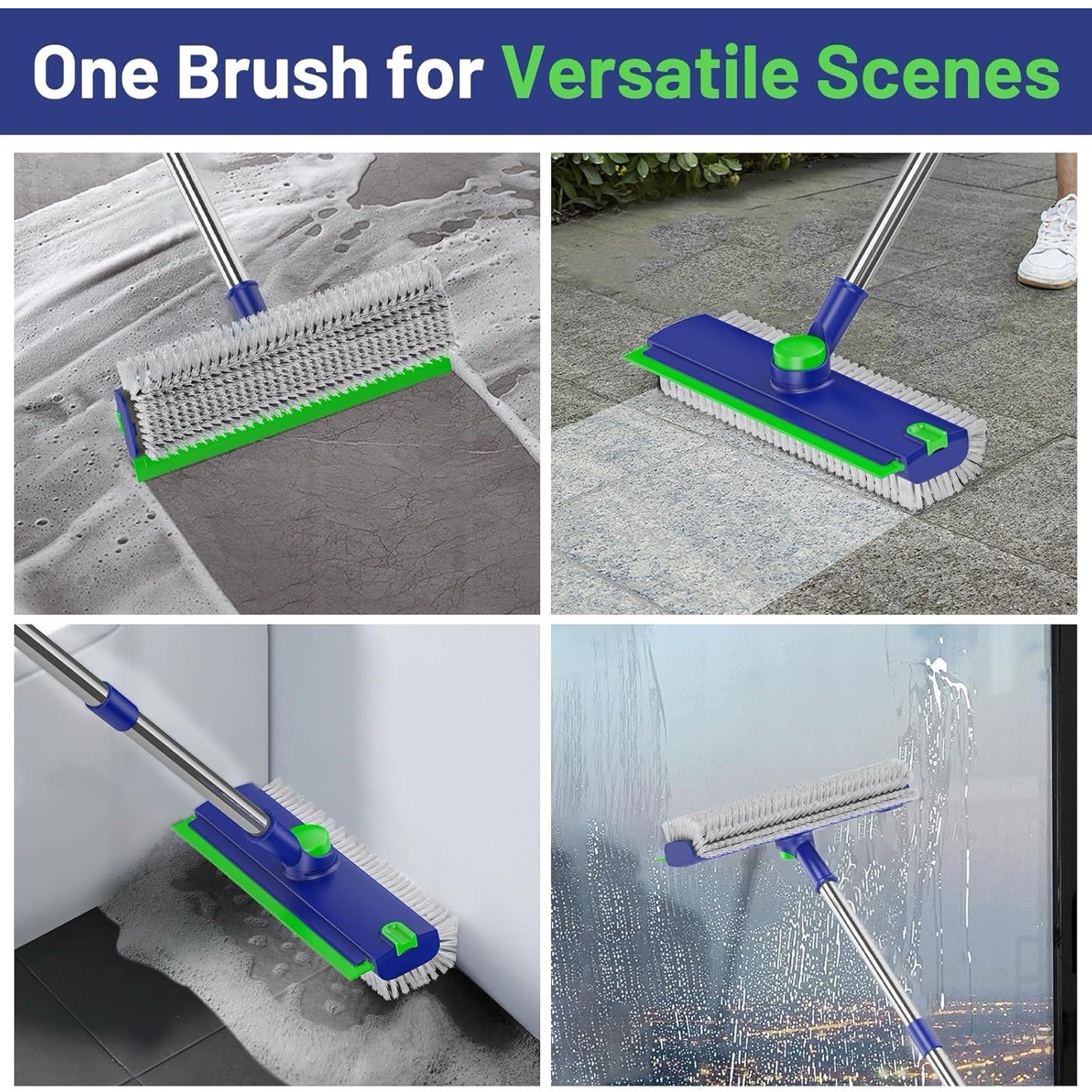 Floor Scrub Brush with Long Handle: 3 in 1 Heavy-Duty Scrubber Squeegee