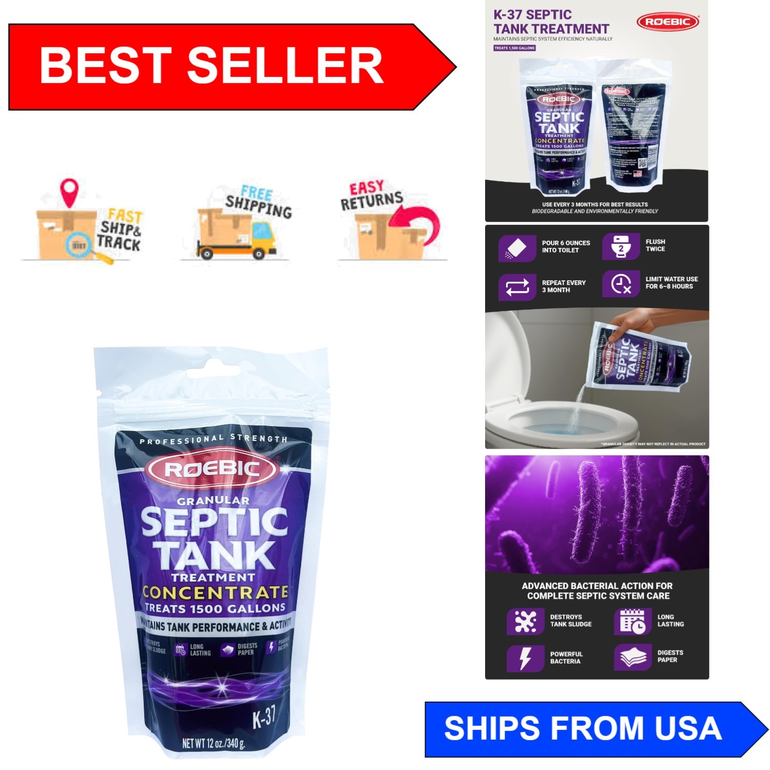 Roebic K-37 Septic Tank Treatment Concentrate – 12 Oz Granular, Biodegradable