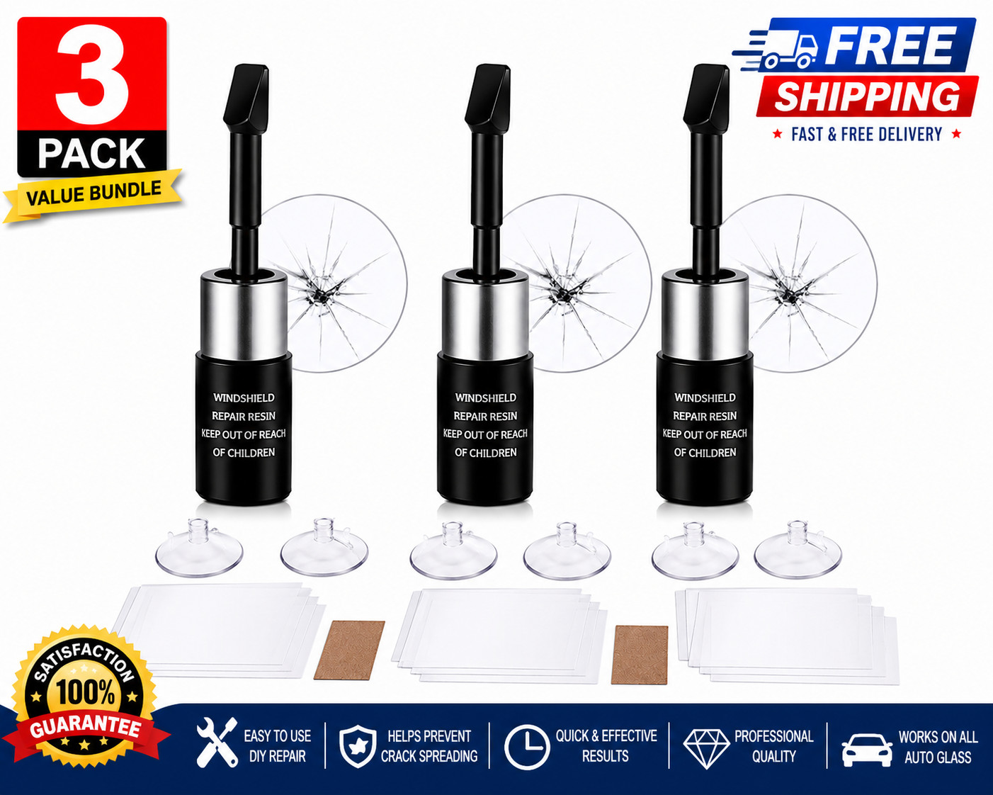 3 Pack Windshield Repair Kit Car Glass Crack Chip Fix Resin Tool Set
