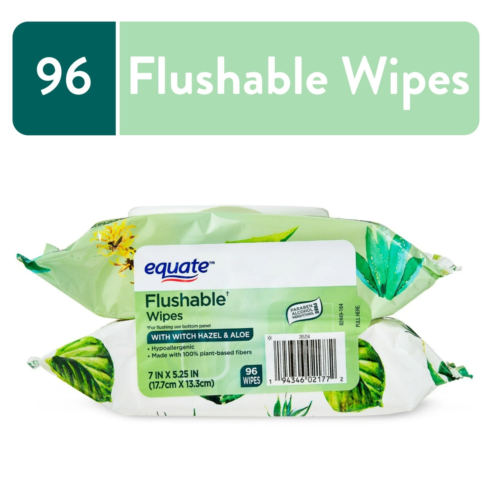 Equate Witch Hazel and Aloe Scent Flushable Wipes, 2 Flip-Top Packs 96 Wipes