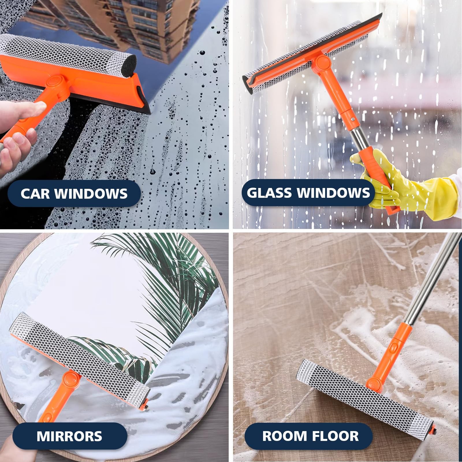 2-in-1 Window Squeegee Cleaner Long Handle Sponge Glass Shower Car Wash