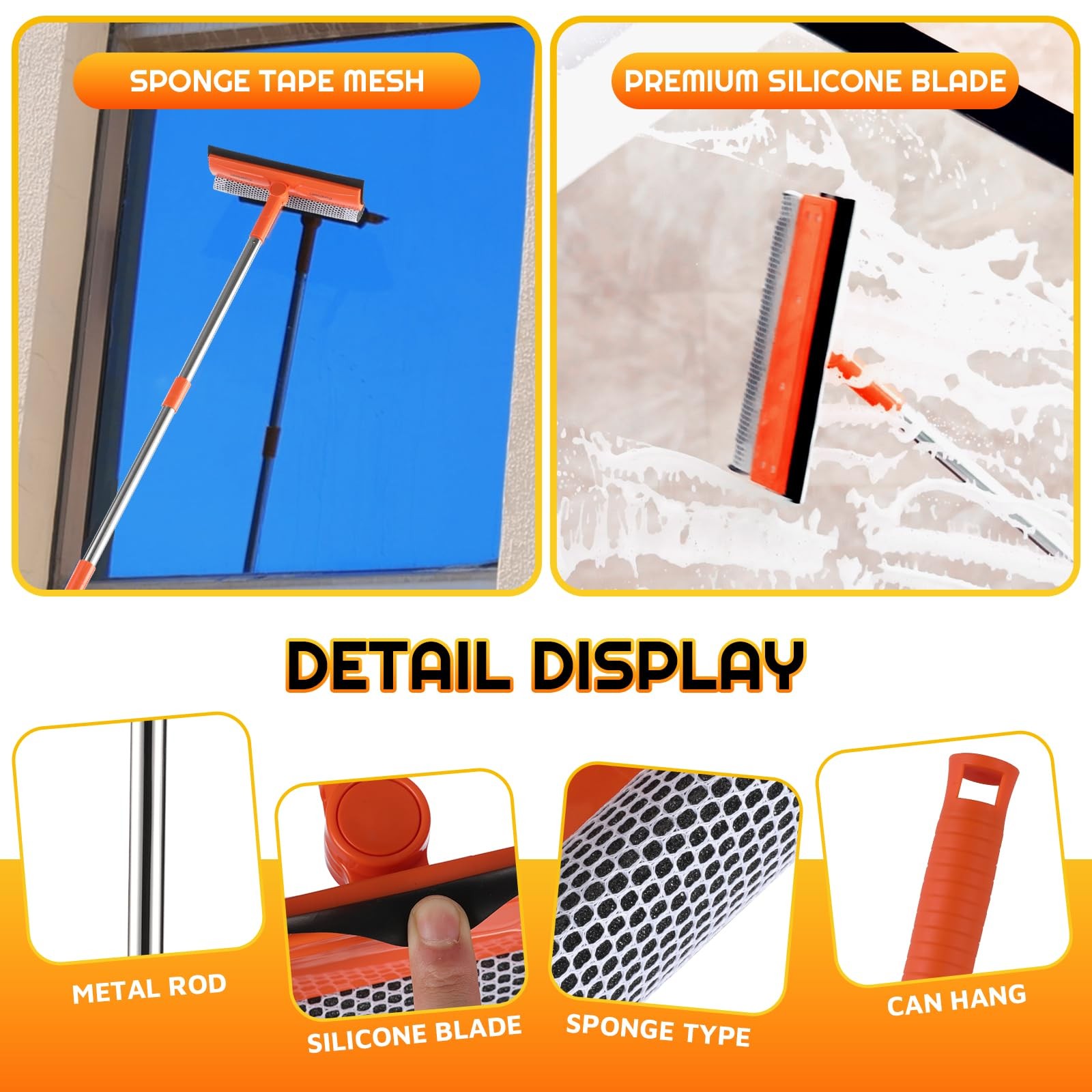 Window Squeegee with 62″ Adjustable Stainless Steel Pole —2-in-1 Sponge Scrub…