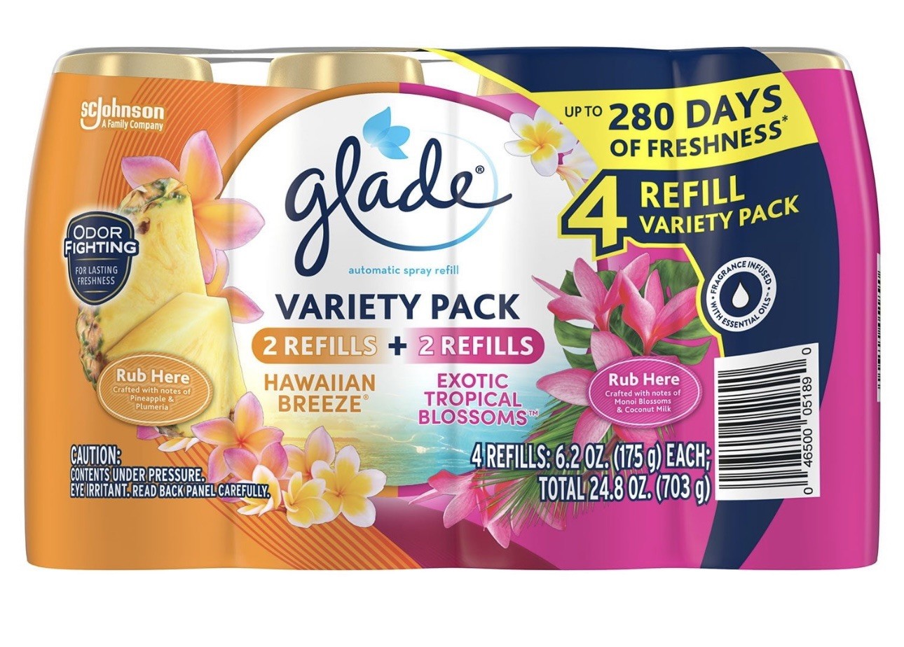 HAWAIIAN BREEZE/BLOSSOMS GLADE AUTOMATIC SCENTED SPRAY CANS, (4-6.2 oz REFILLS)