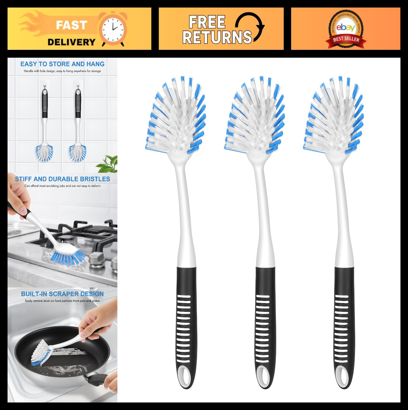 3 Pack Dish Brush Set with Stiff Bristles & Scraper – Kitchen Scrubbers for Dish