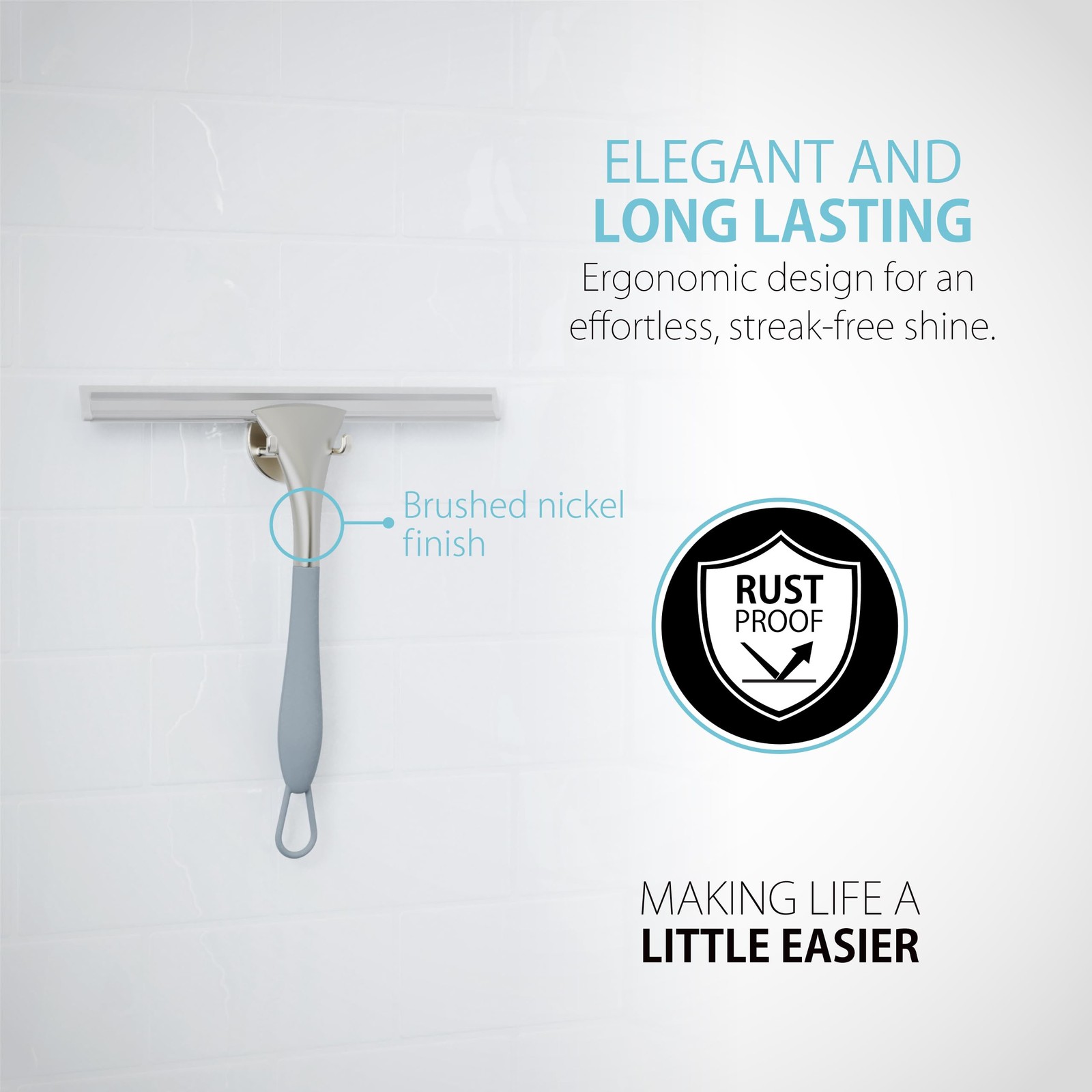 Products 17500 Soft Grip Shower Squeegee, 10-Inch Rubber Blade, Grey/Nickel
