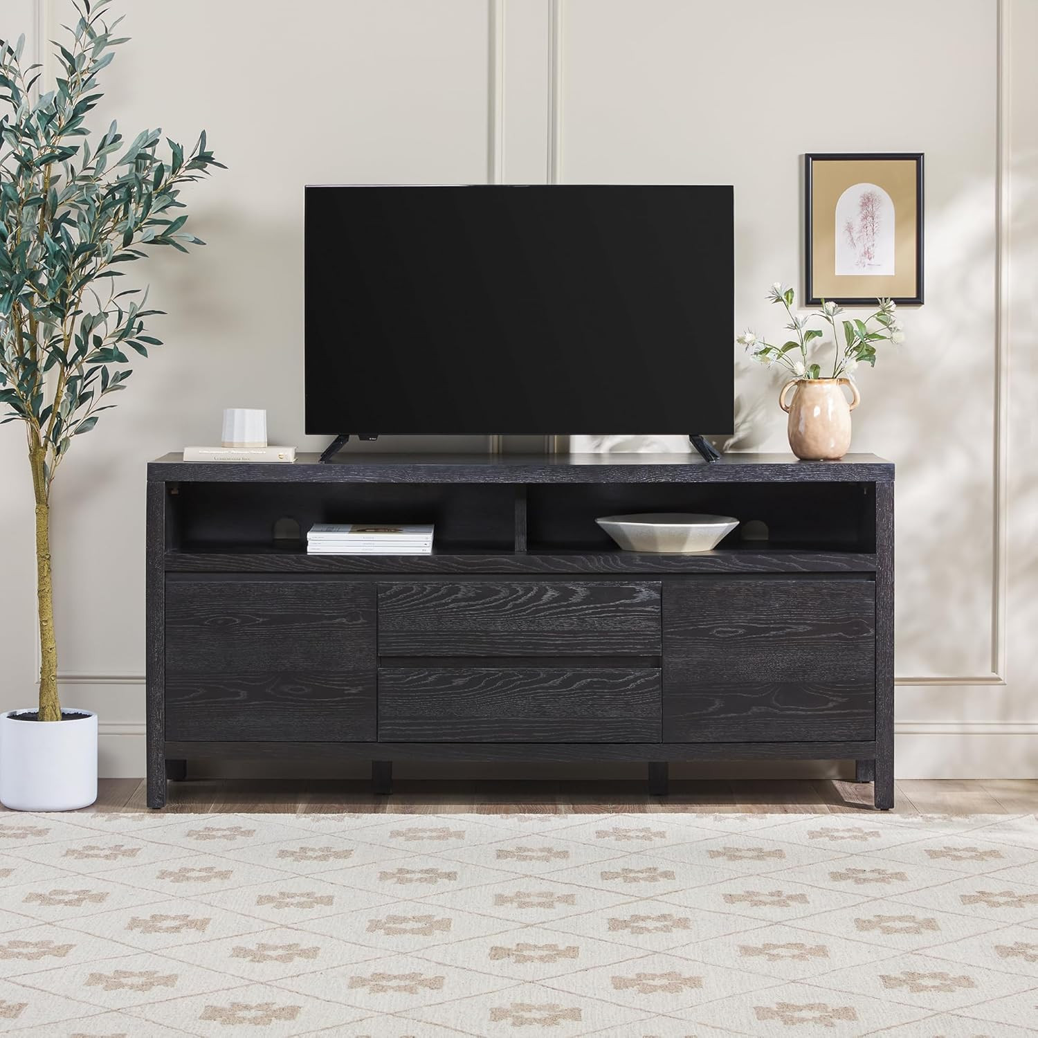Rustic Solid Oak Wood Sideboard with Storage – 65″ Modern Farmhouse Design