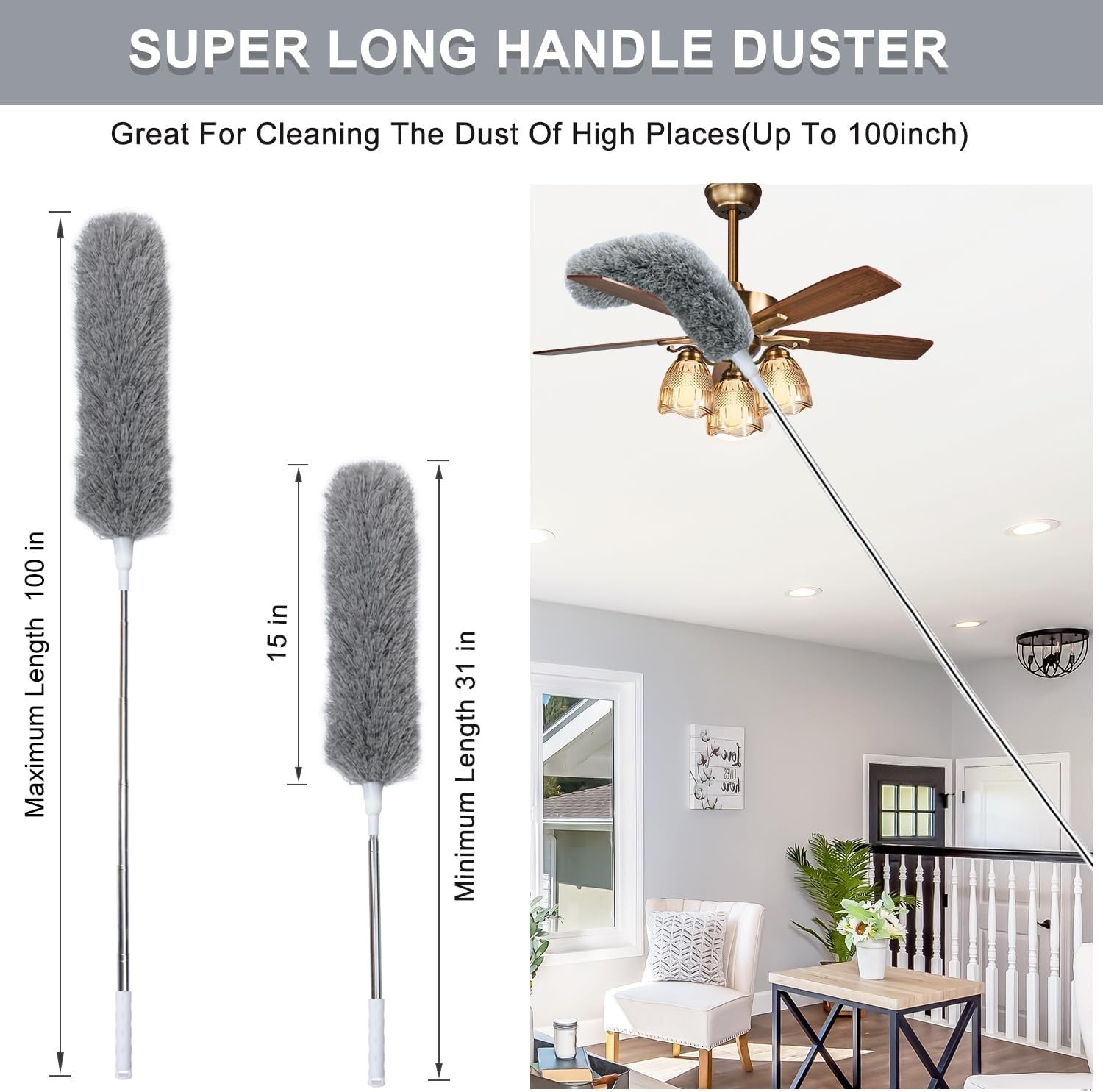 Microfiber Ceiling Fan Duster-Cobweb Cleaner Brush Kit Telescopic Extension Pole